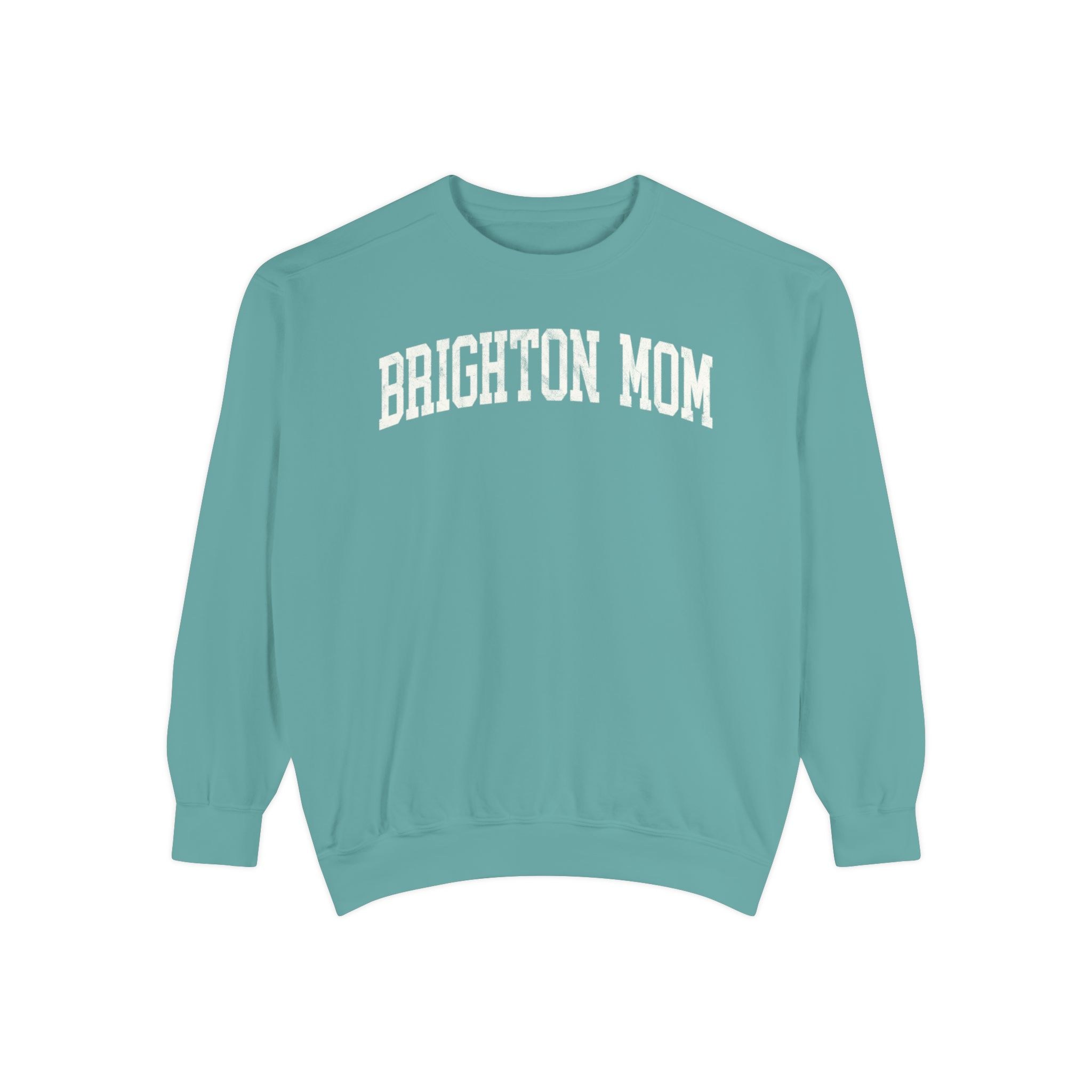 Brighton Mom Garment-Dyed Crewneck in Erie Blue, front — BRIGHTON MOM lettering