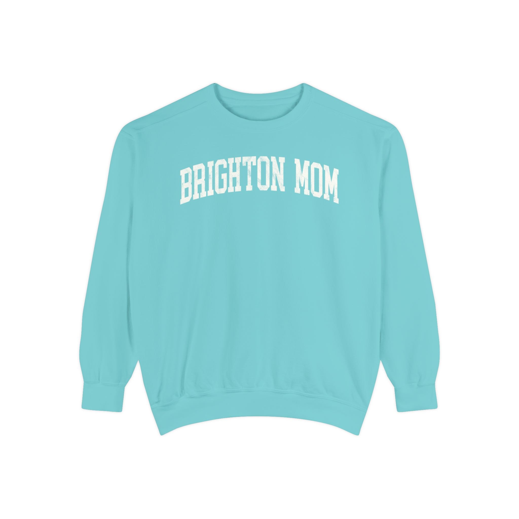 Brighton Mom Garment-Dyed Crewneck in Light Ice, front — BRIGHTON MOM lettering