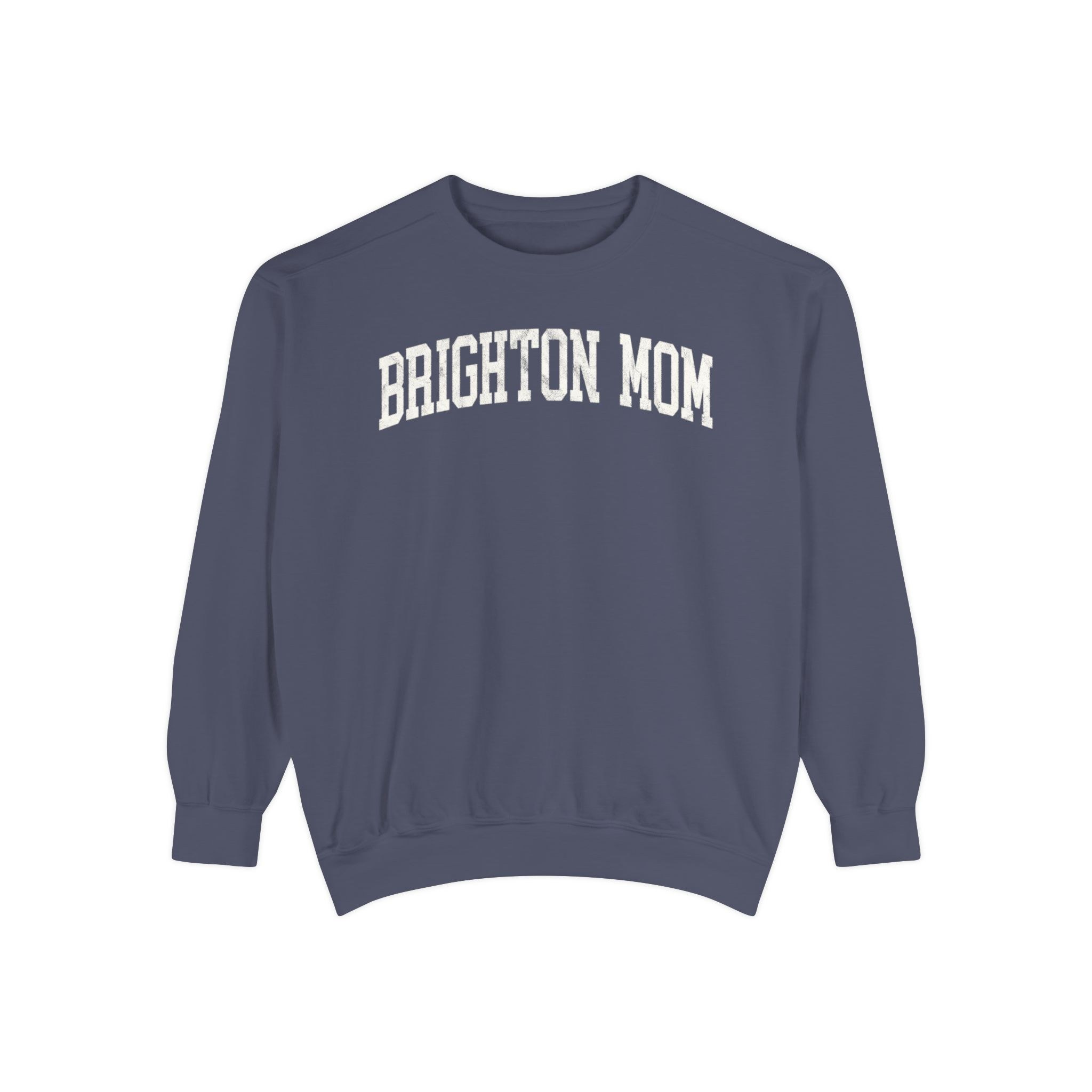 Brighton Mom Garment-Dyed Crewneck in Predawn, front — BRIGHTON MOM lettering