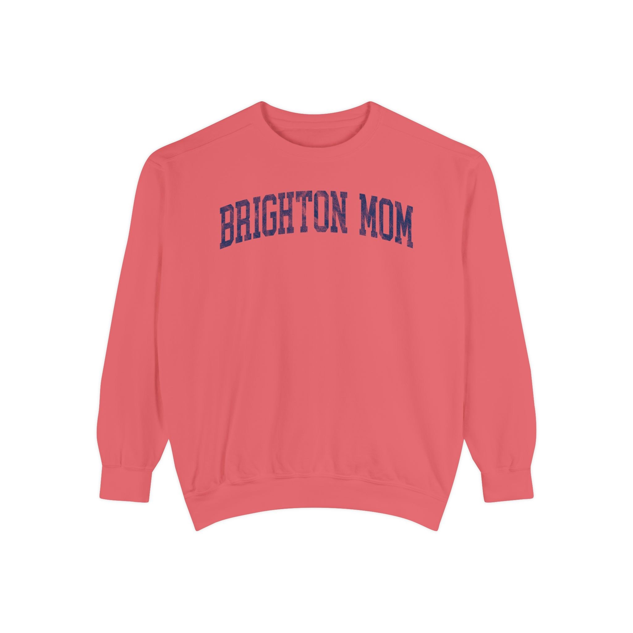 Brighton Mom Garment-Dyed Crewneck in Strawberry Cloud, front — BRIGHTON MOM lettering