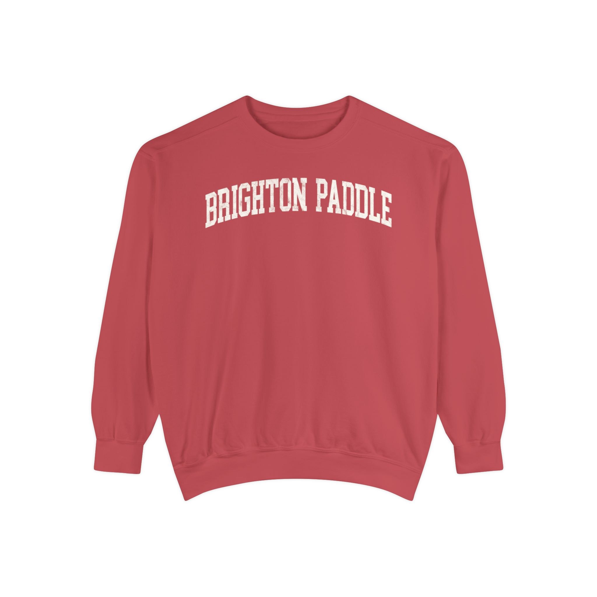 Brighton Paddle Garment-Dyed Crewneck in Collegiate Crimson, front — BRIGHTON PADDLE lettering