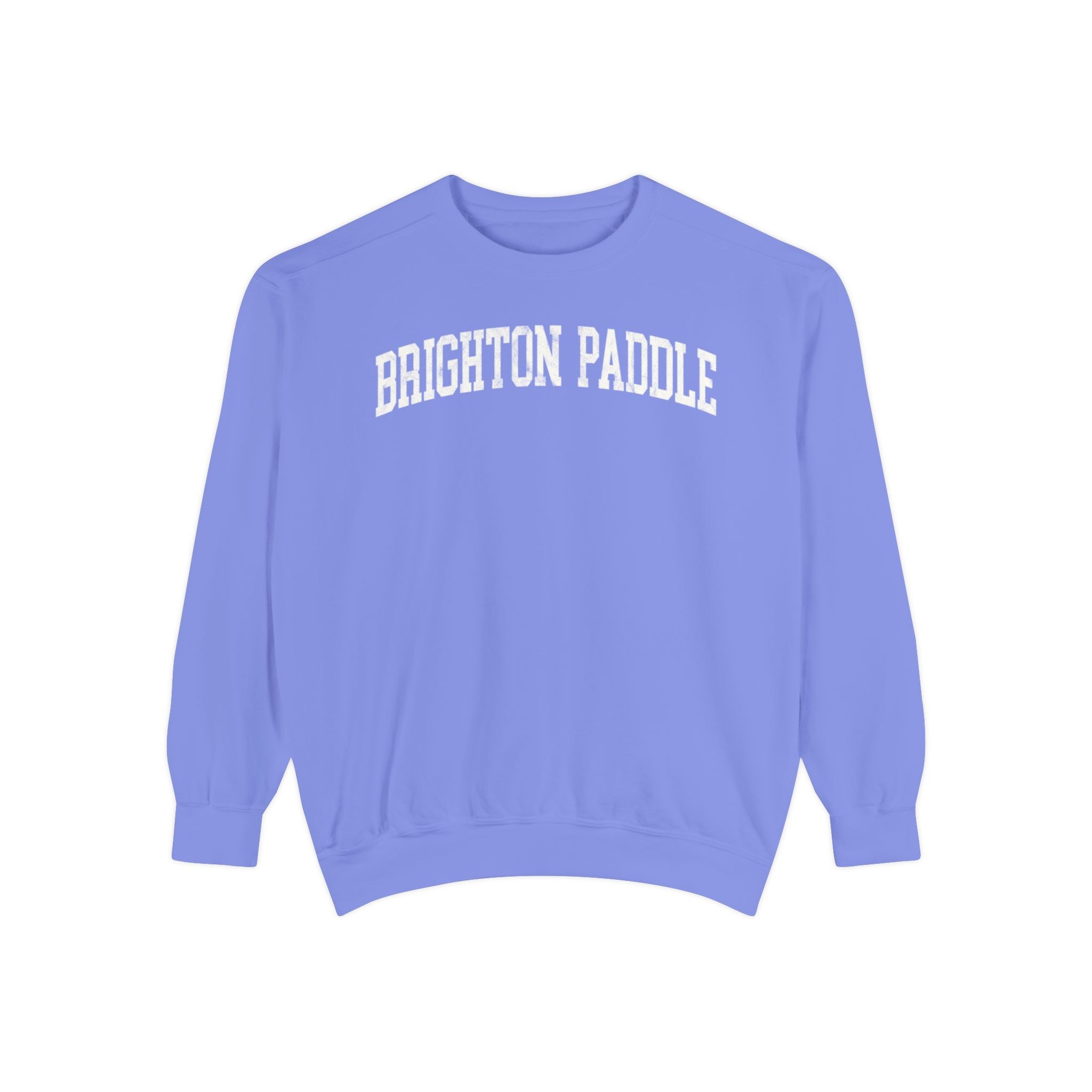 Brighton Paddle Garment-Dyed Crewneck in Conesus Blue, front — BRIGHTON PADDLE lettering