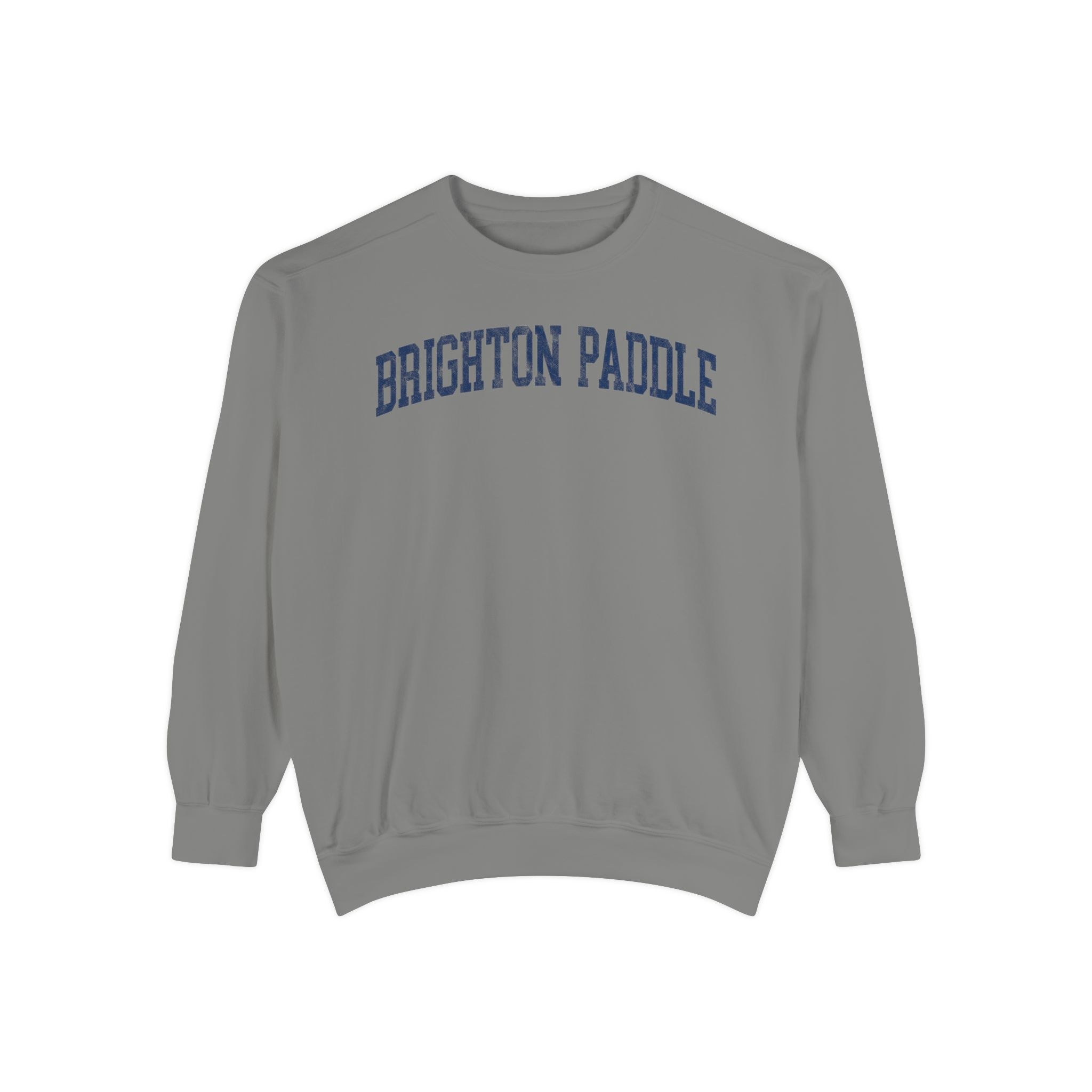 Brighton Paddle Garment-Dyed Crewneck in Dusting, front — BRIGHTON PADDLE lettering