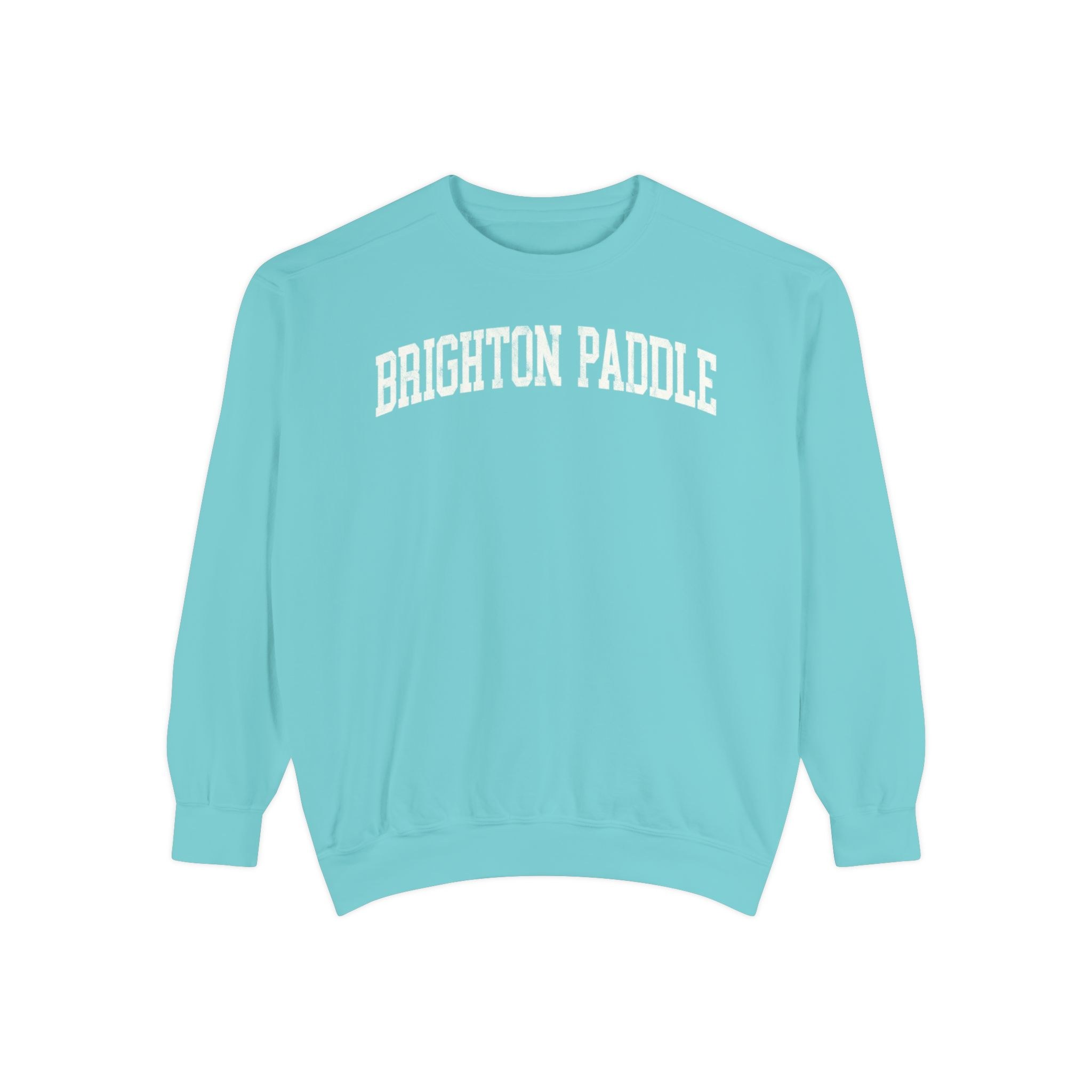 Brighton Paddle Garment-Dyed Crewneck in Light Ice, front — BRIGHTON PADDLE lettering