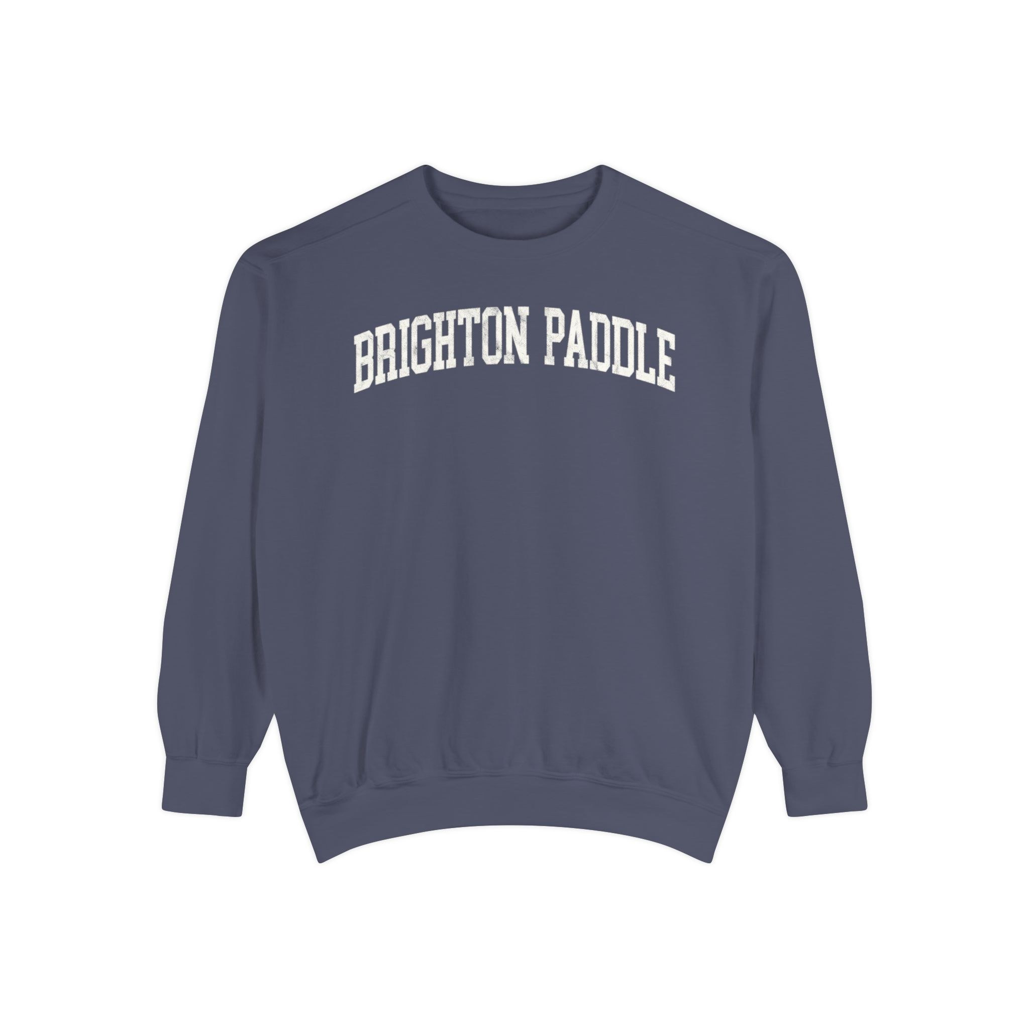 Brighton Paddle Garment-Dyed Crewneck in Predawn, front — BRIGHTON PADDLE lettering