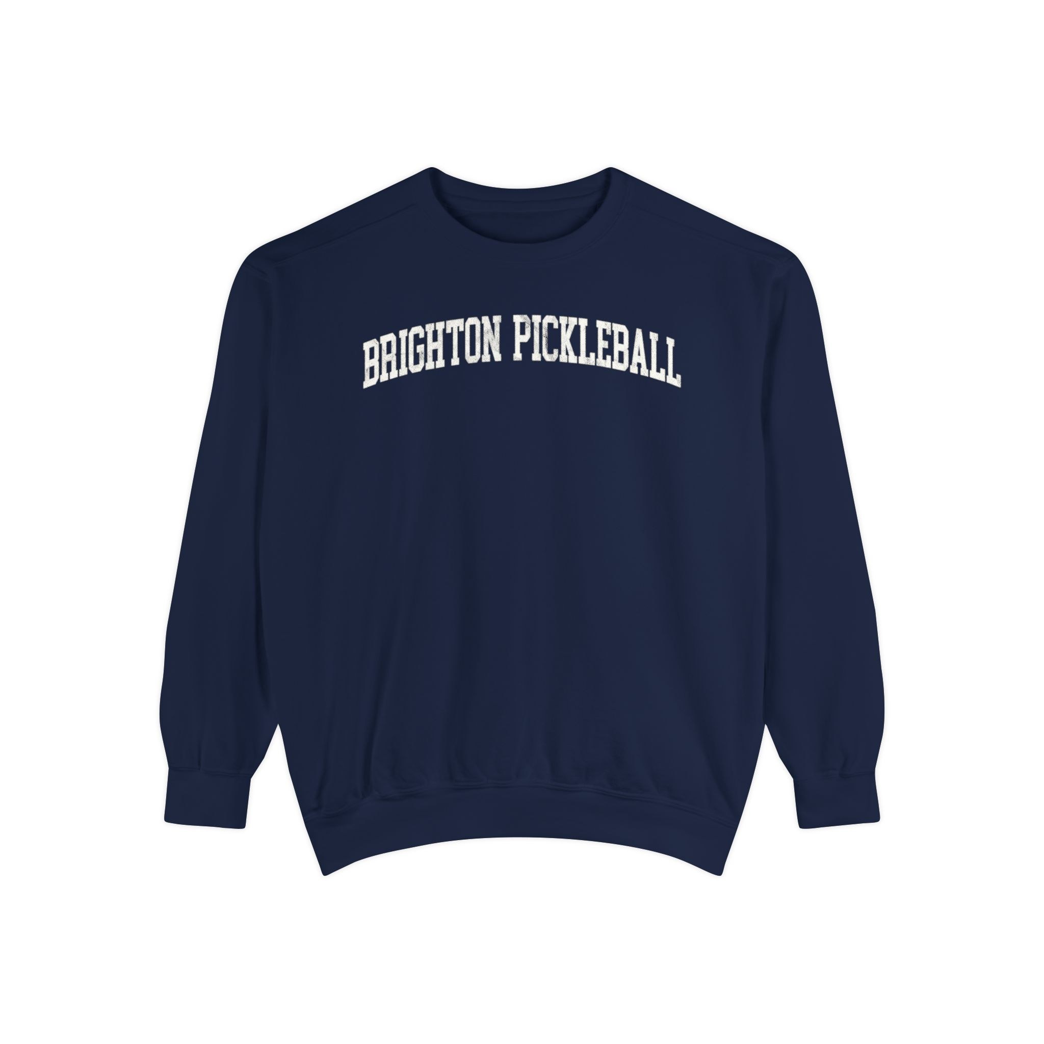 Brighton Pickleball Garment-Dyed Crewneck in Boathouse Blue, front — BRIGHTON PICKLEBALL lettering