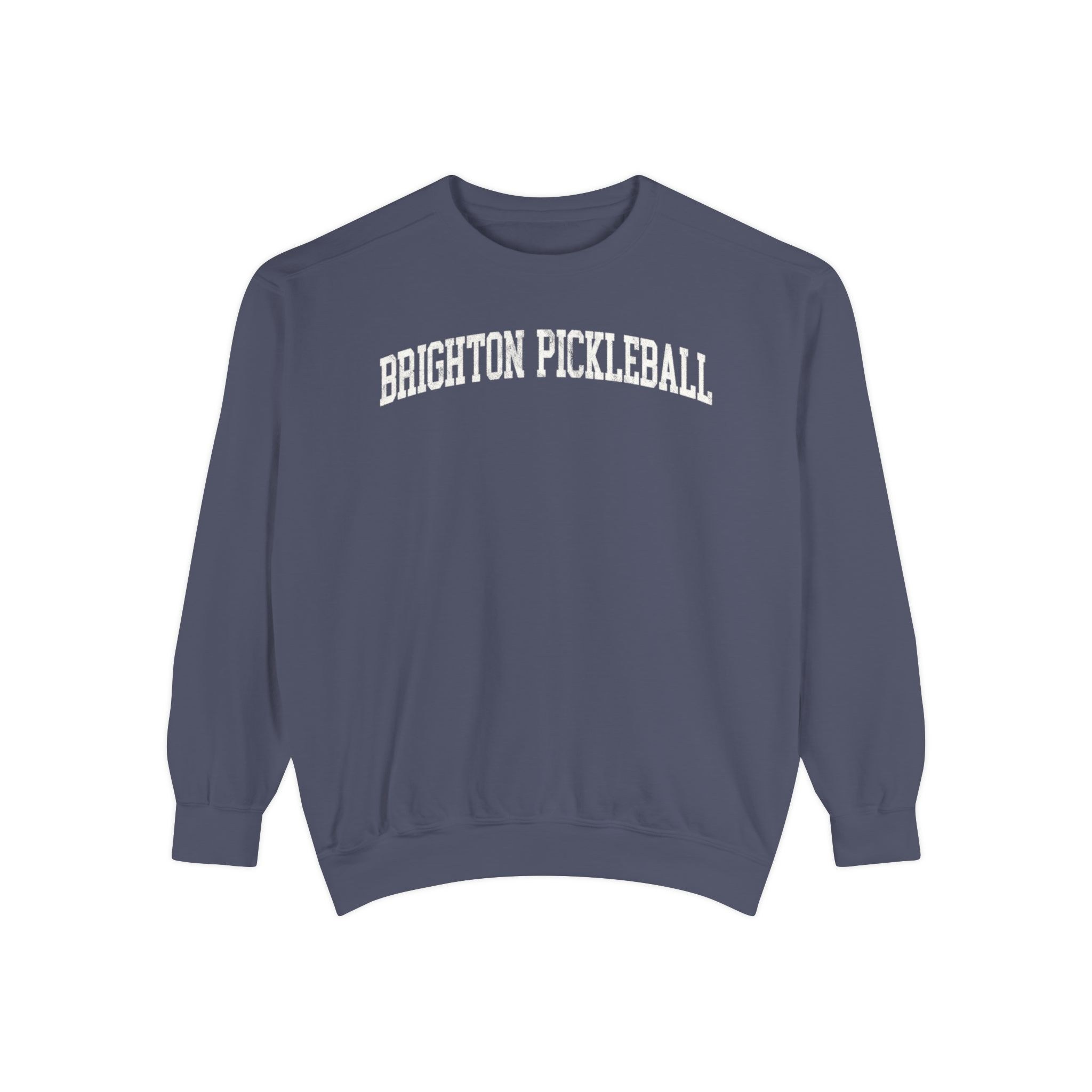 Brighton Pickleball Garment-Dyed Crewneck in Predawn, front — BRIGHTON PICKLEBALL lettering