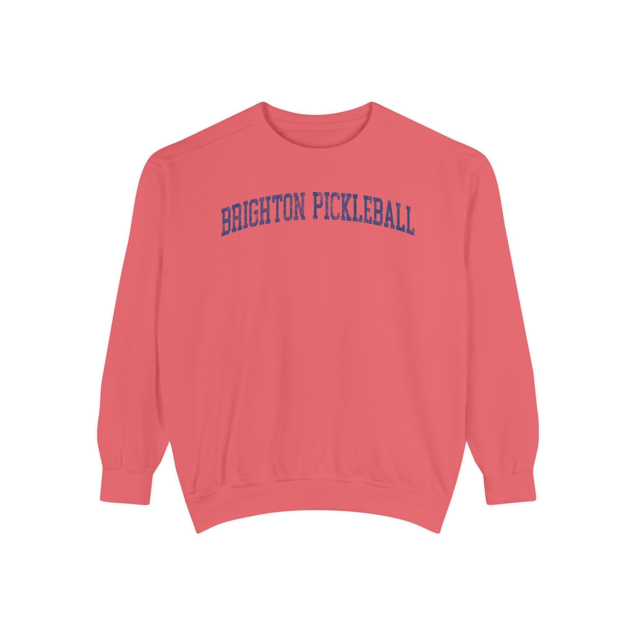 Brighton Pickleball Garment-Dyed Crewneck in Strawberry Cloud, front — BRIGHTON PICKLEBALL lettering