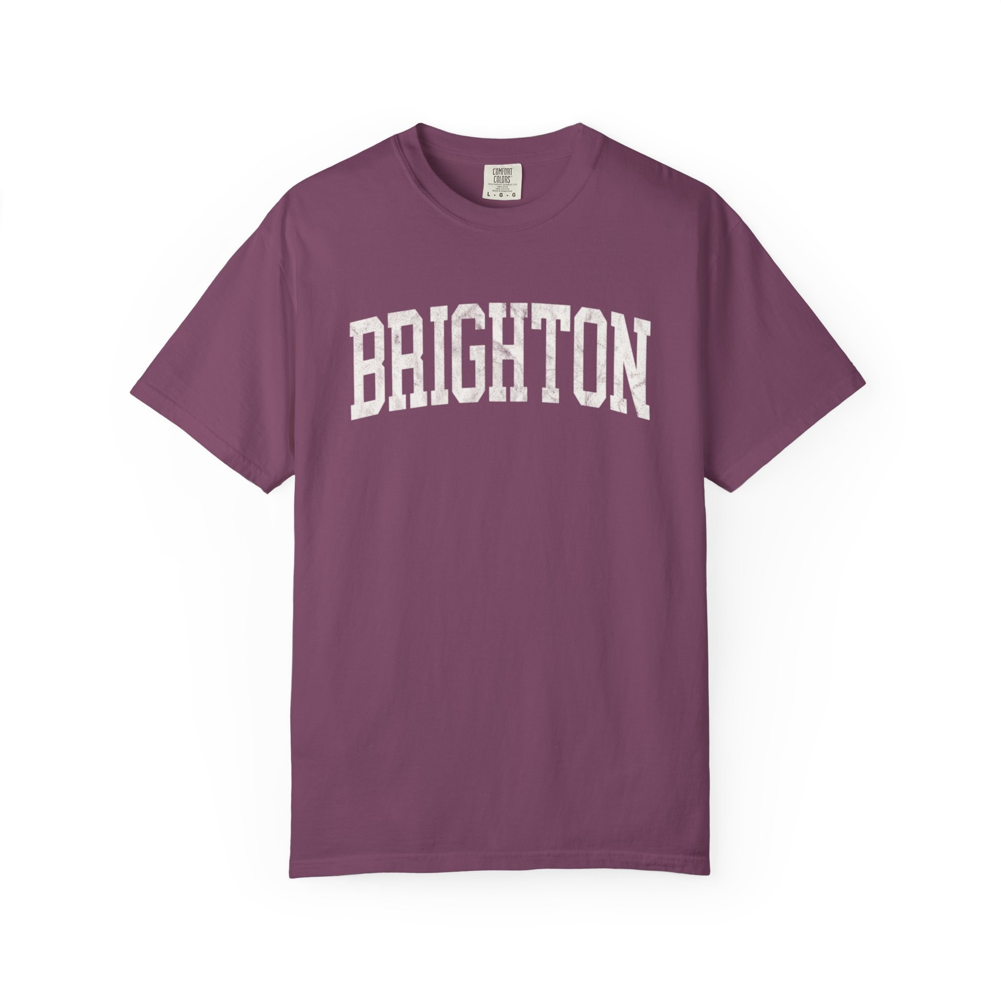 Brighton Garment-Dyed Tee in Açai Berry, front — BRIGHTON lettering