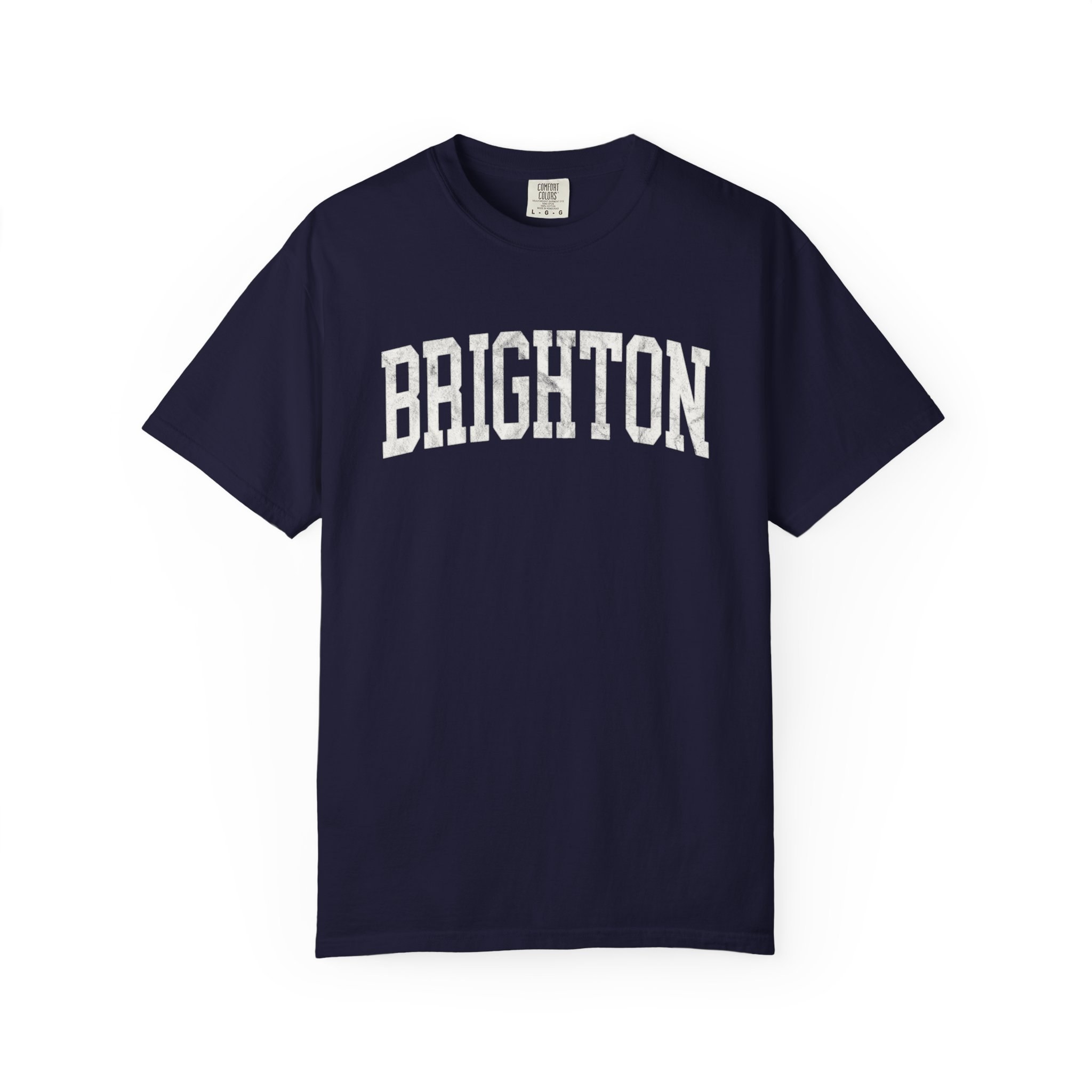 Brighton Garment-Dyed Tee in Boathouse Blue, front — BRIGHTON lettering