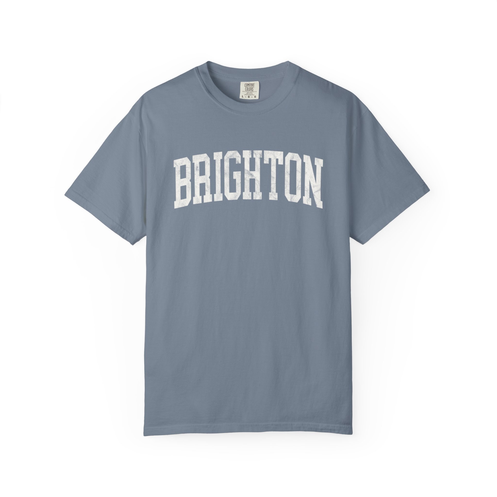 Brighton Garment-Dyed Tee in Samantha Blue, front — BRIGHTON lettering
