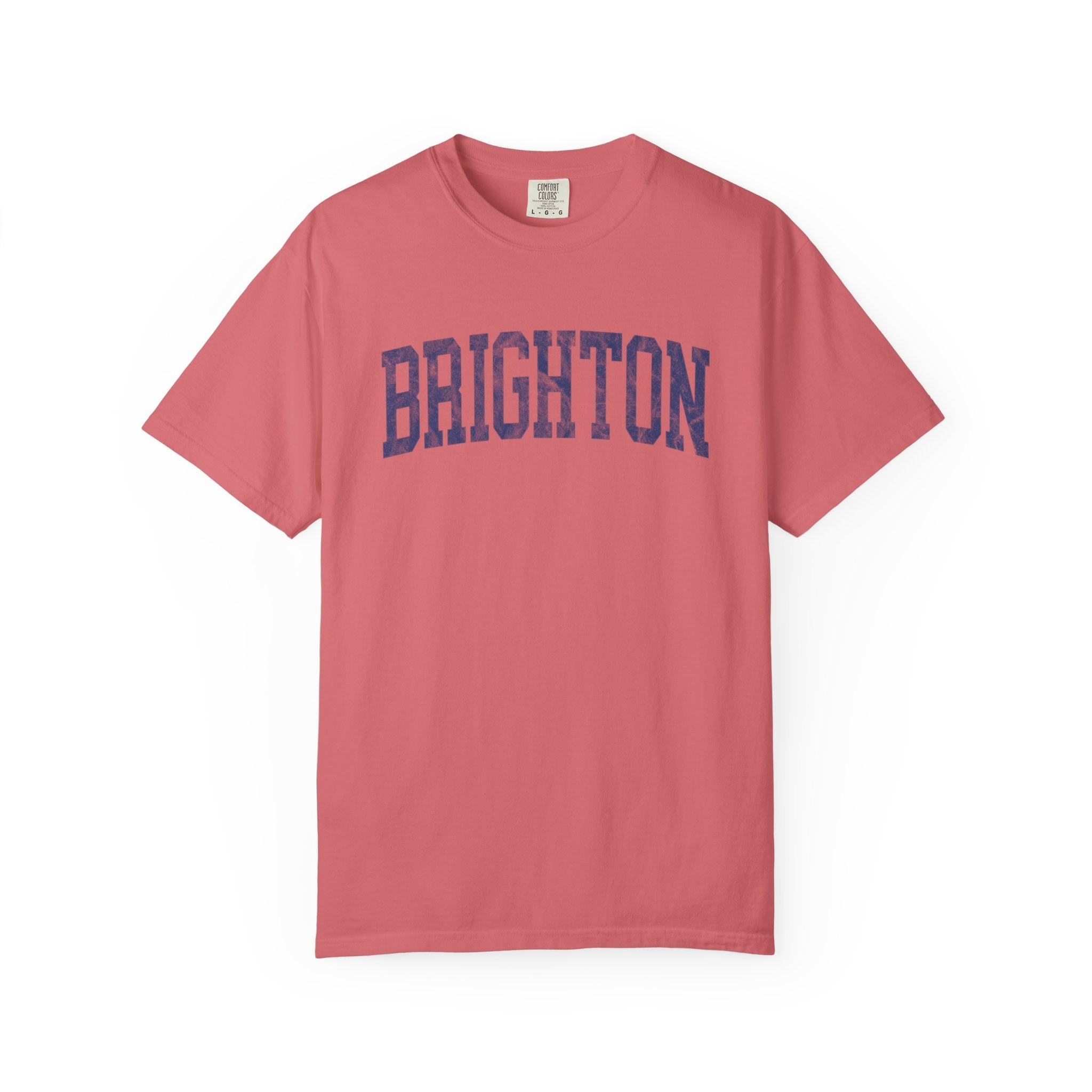 Brighton Garment-Dyed Tee in Strawberry Cloud, front — BRIGHTON lettering