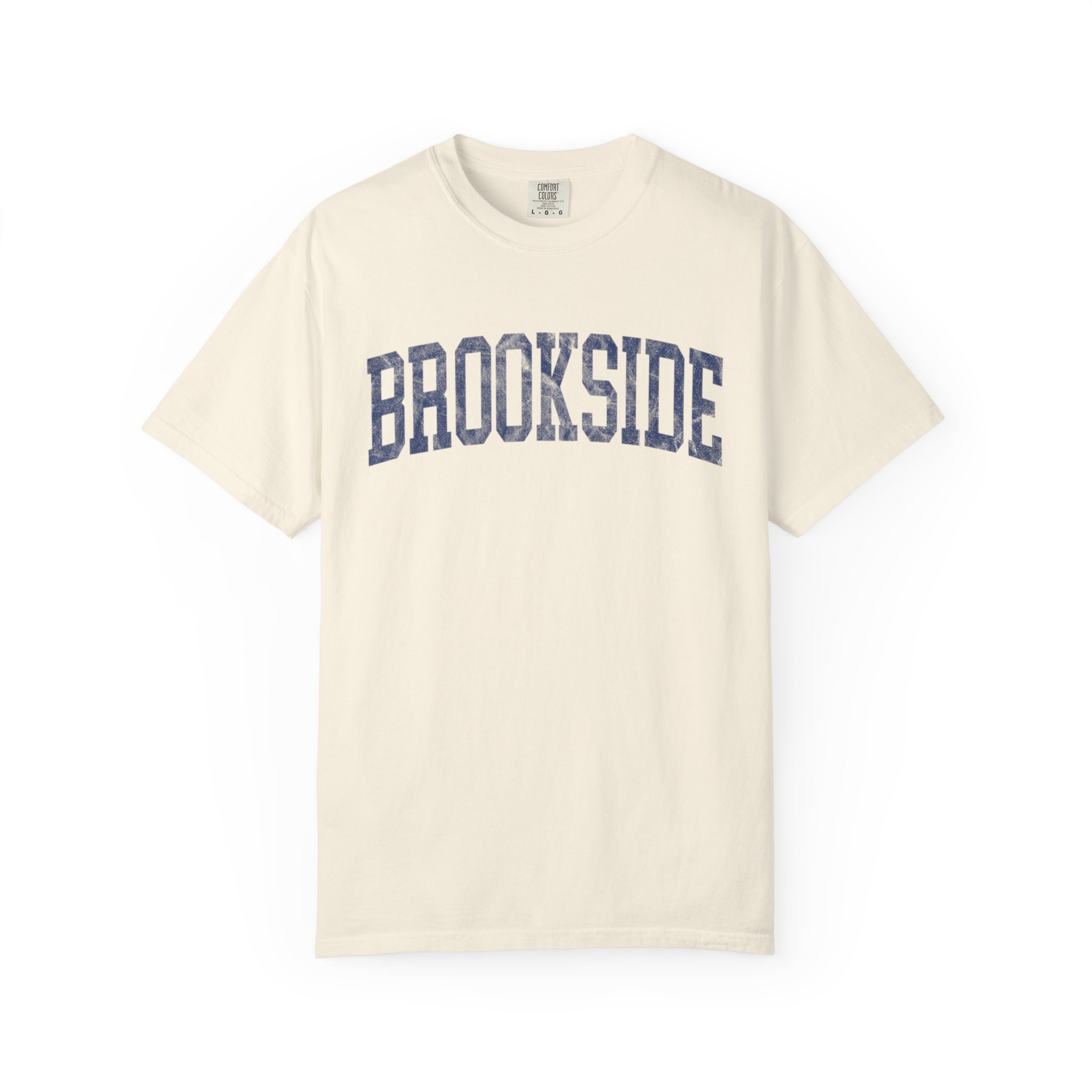 Brookside Garment-Dyed Tee in Crème Fraîche, front — BROOKSIDE lettering