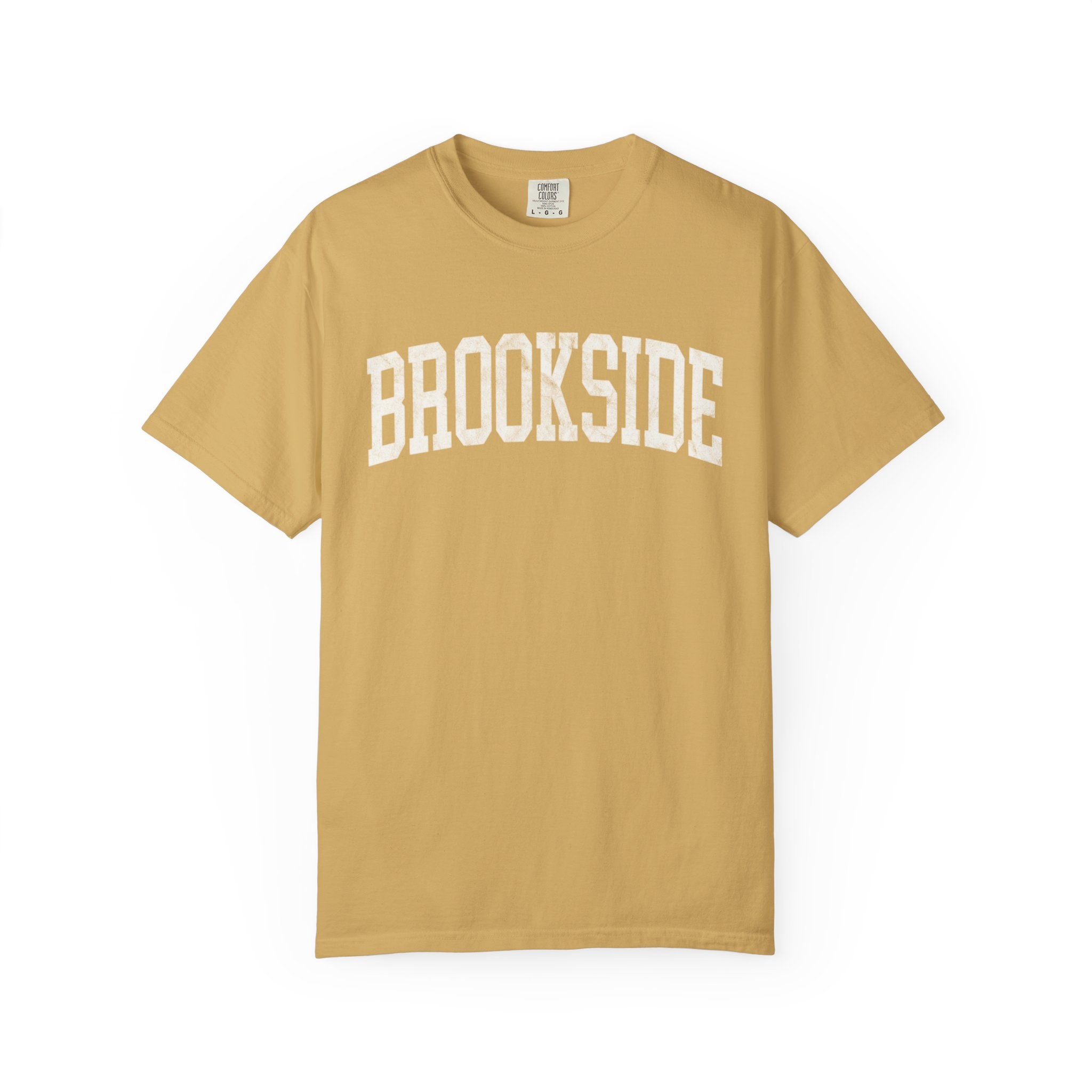 Brookside Garment-Dyed Tee in Pasta Wheat, front — BROOKSIDE lettering
