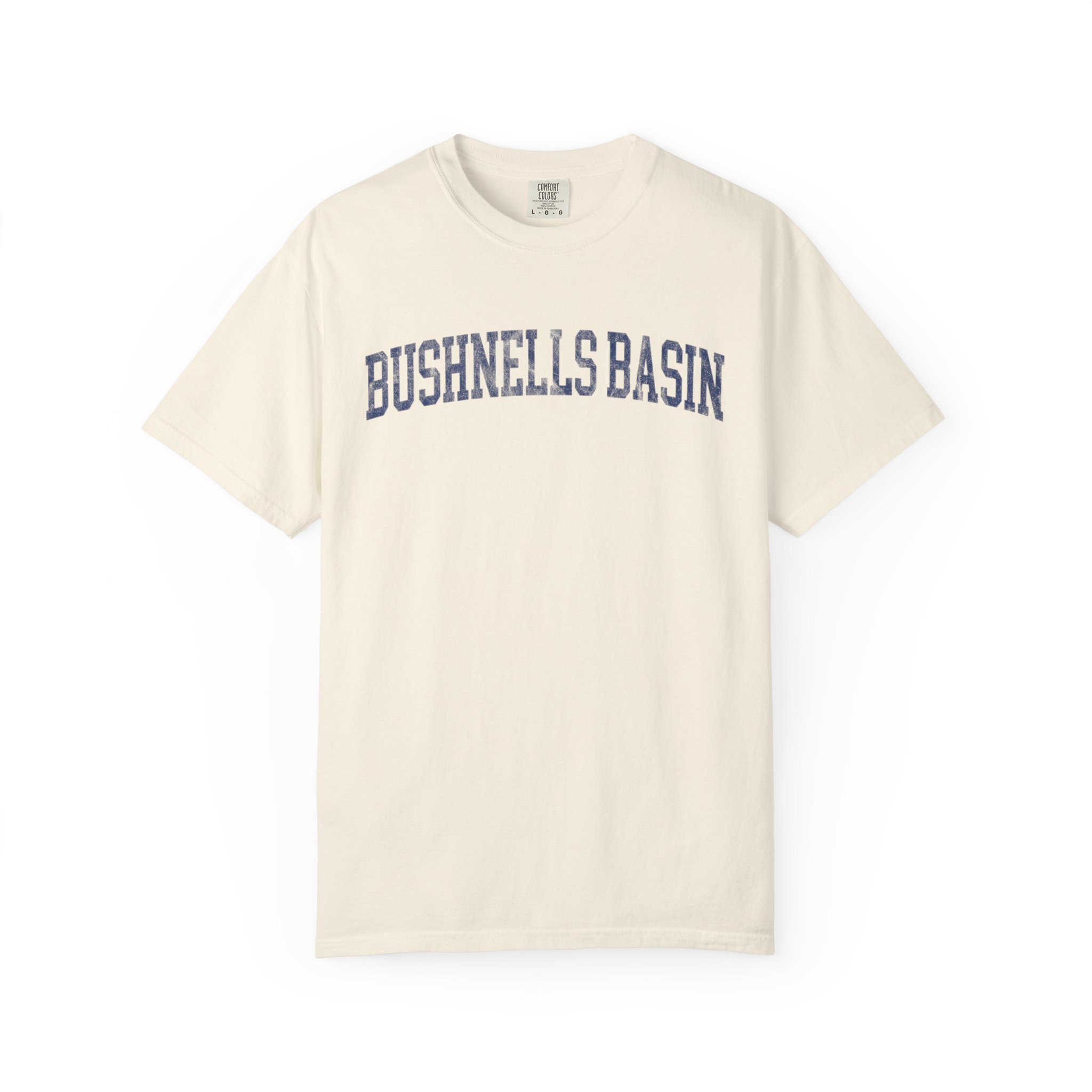 Bushnell's Basin Garment-Dyed Tee in Crème Fraîche, front — BUSHNELLS BASIN lettering