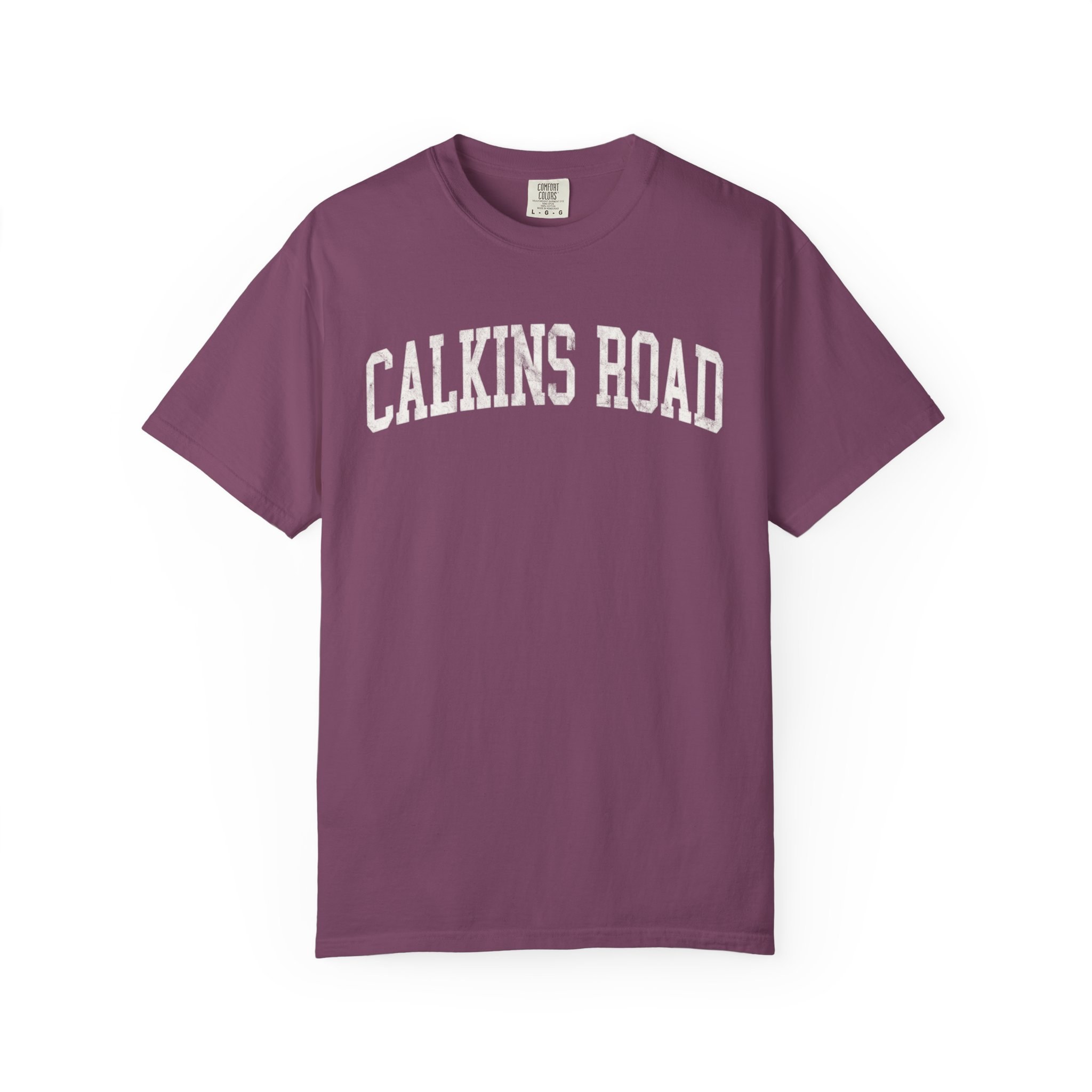 Calkins Road Garment-Dyed Tee in Açai Berry, front — CALKINS ROAD lettering