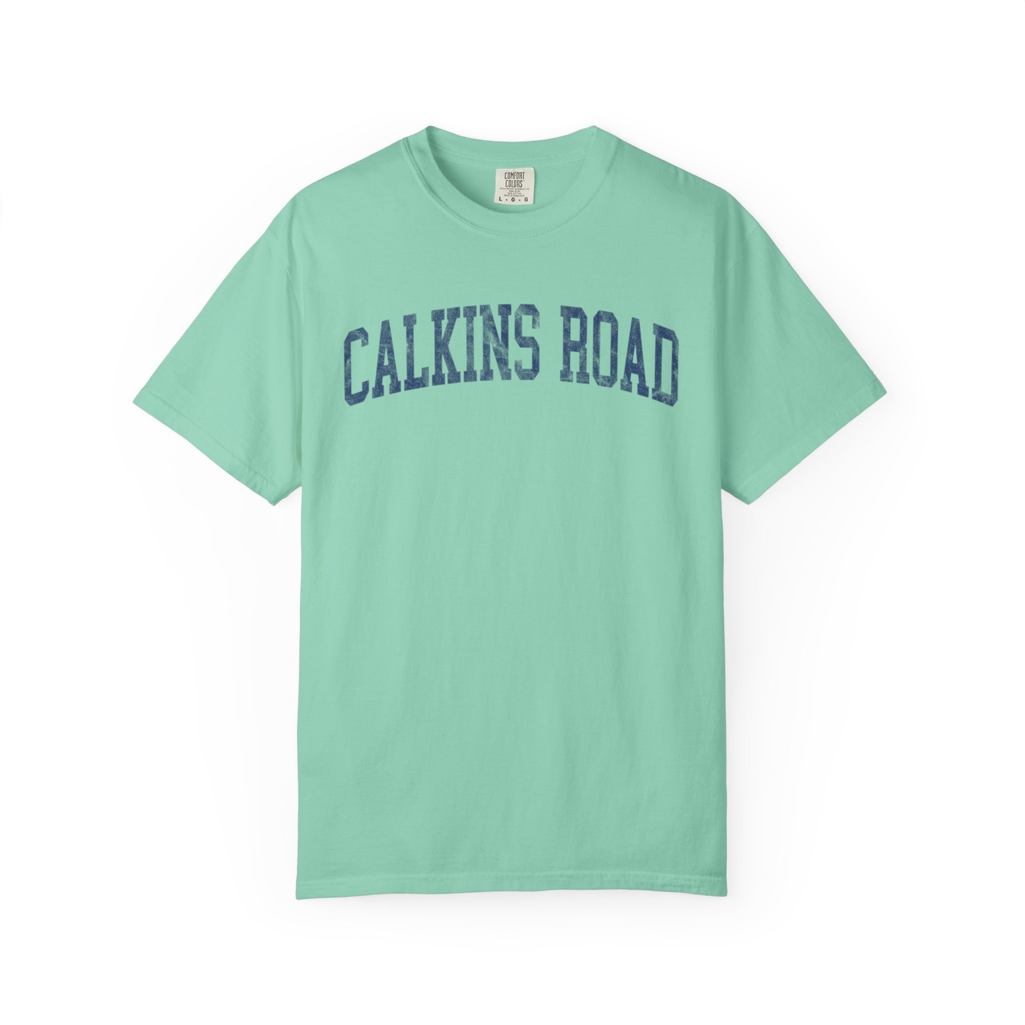 Calkins Road Garment-Dyed Tee in Teal Good Inc, front — CALKINS ROAD lettering