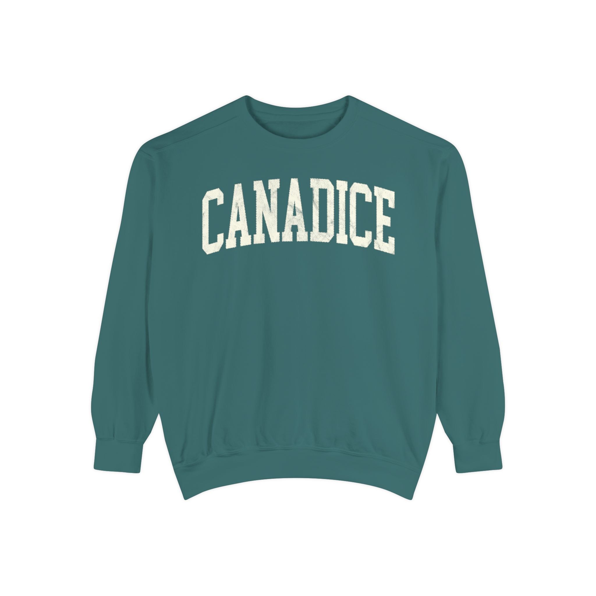 Canadice Garment-Dyed Crewneck in Blue Spruce, front — CANADICE lettering