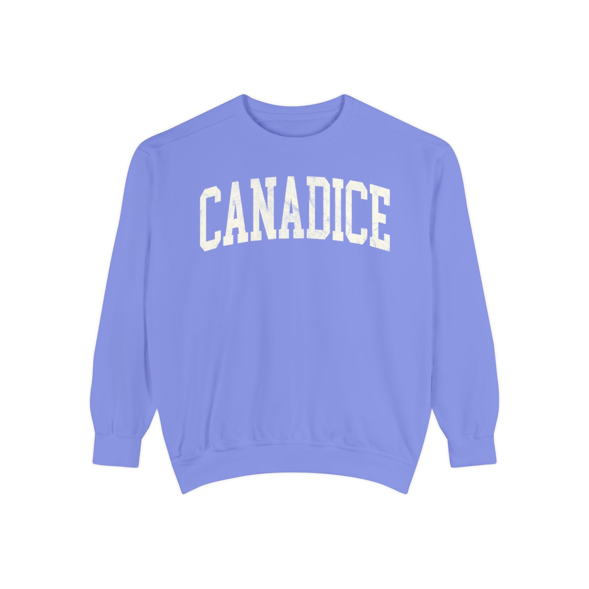 Canadice Garment-Dyed Crewneck in Conesus Blue, front — CANADICE lettering