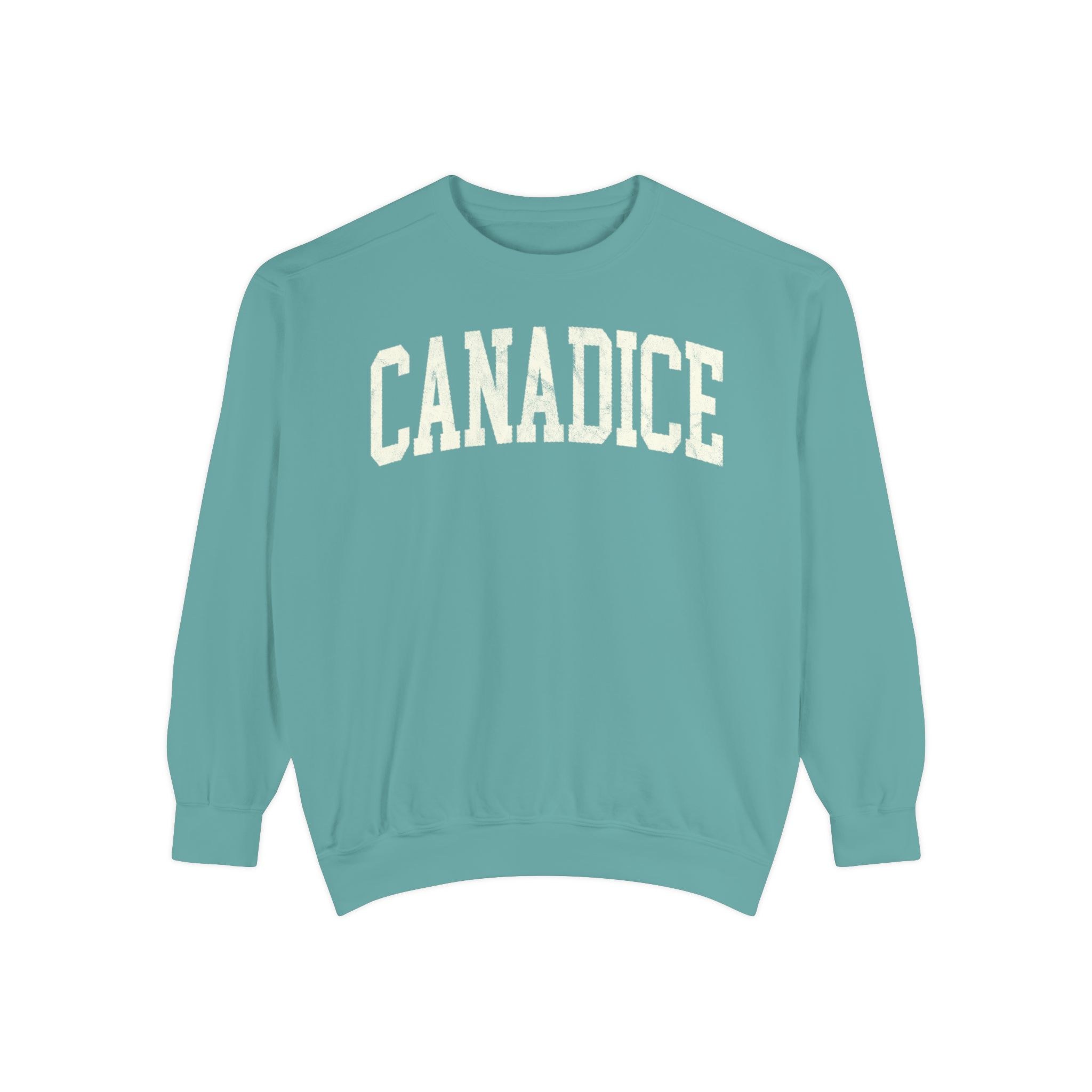 Canadice Garment-Dyed Crewneck in Erie Blue, front — CANADICE lettering