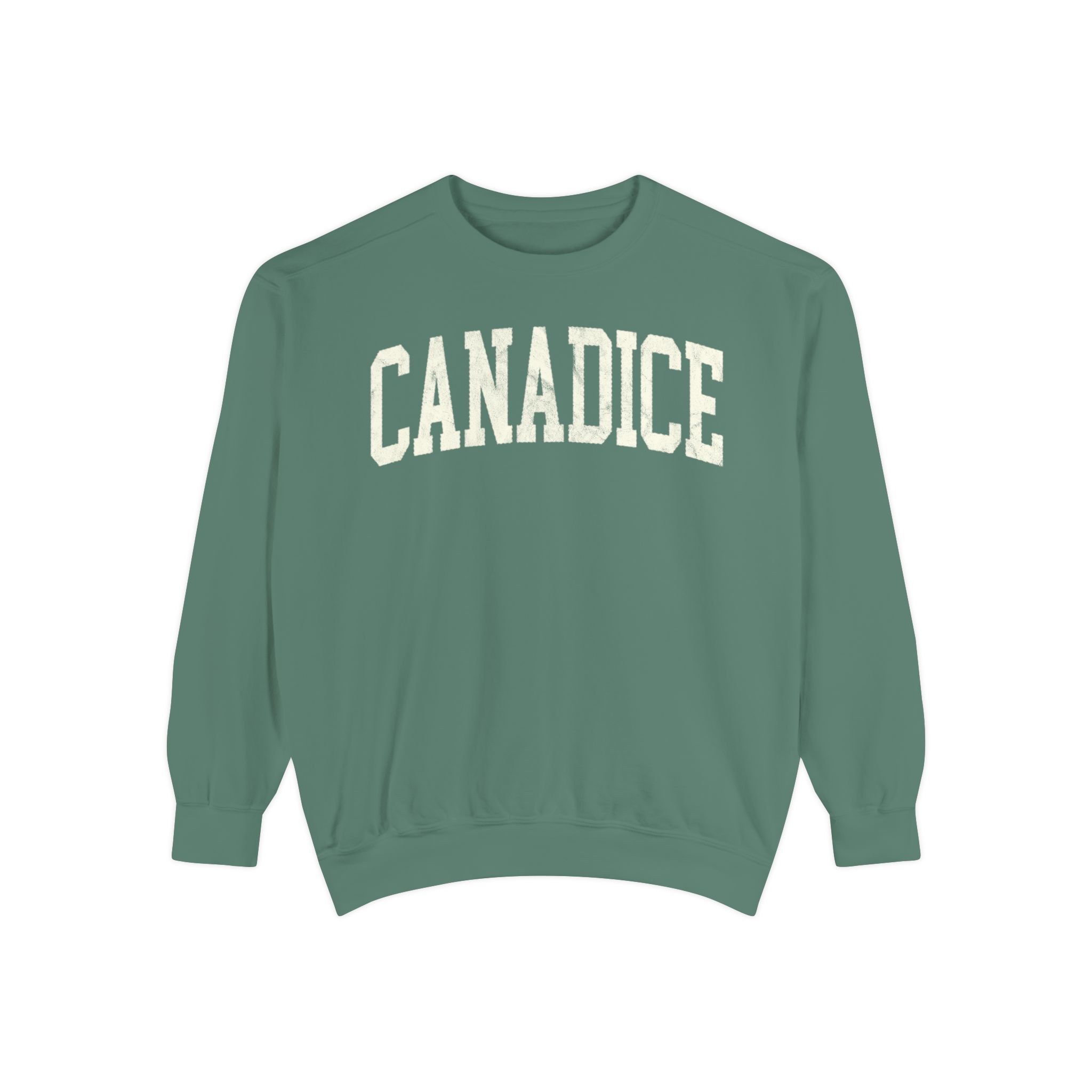 Canadice Garment-Dyed Crewneck in Light Green, front — CANADICE lettering