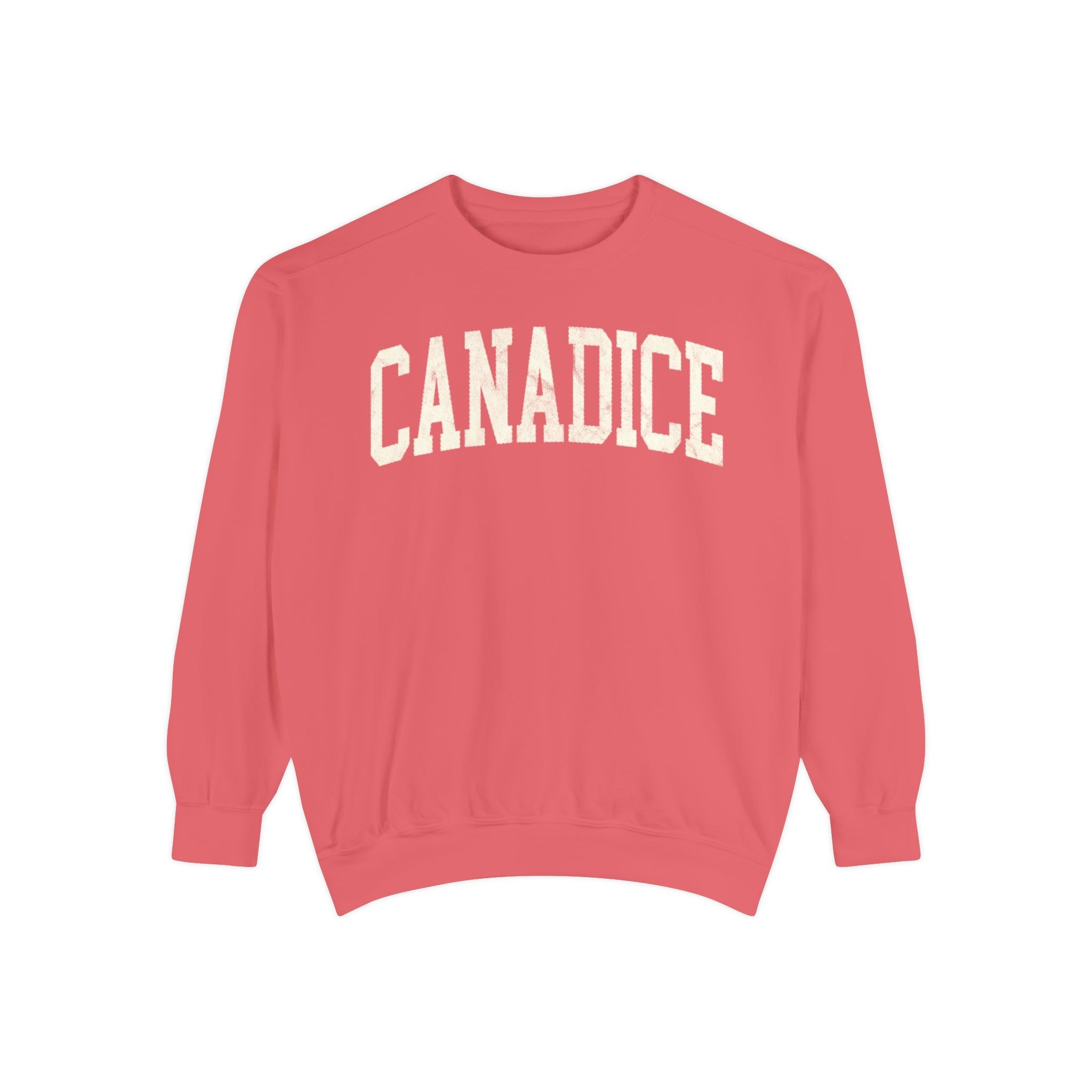 Canadice Garment-Dyed Crewneck in Strawberry Cloud, front — CANADICE lettering