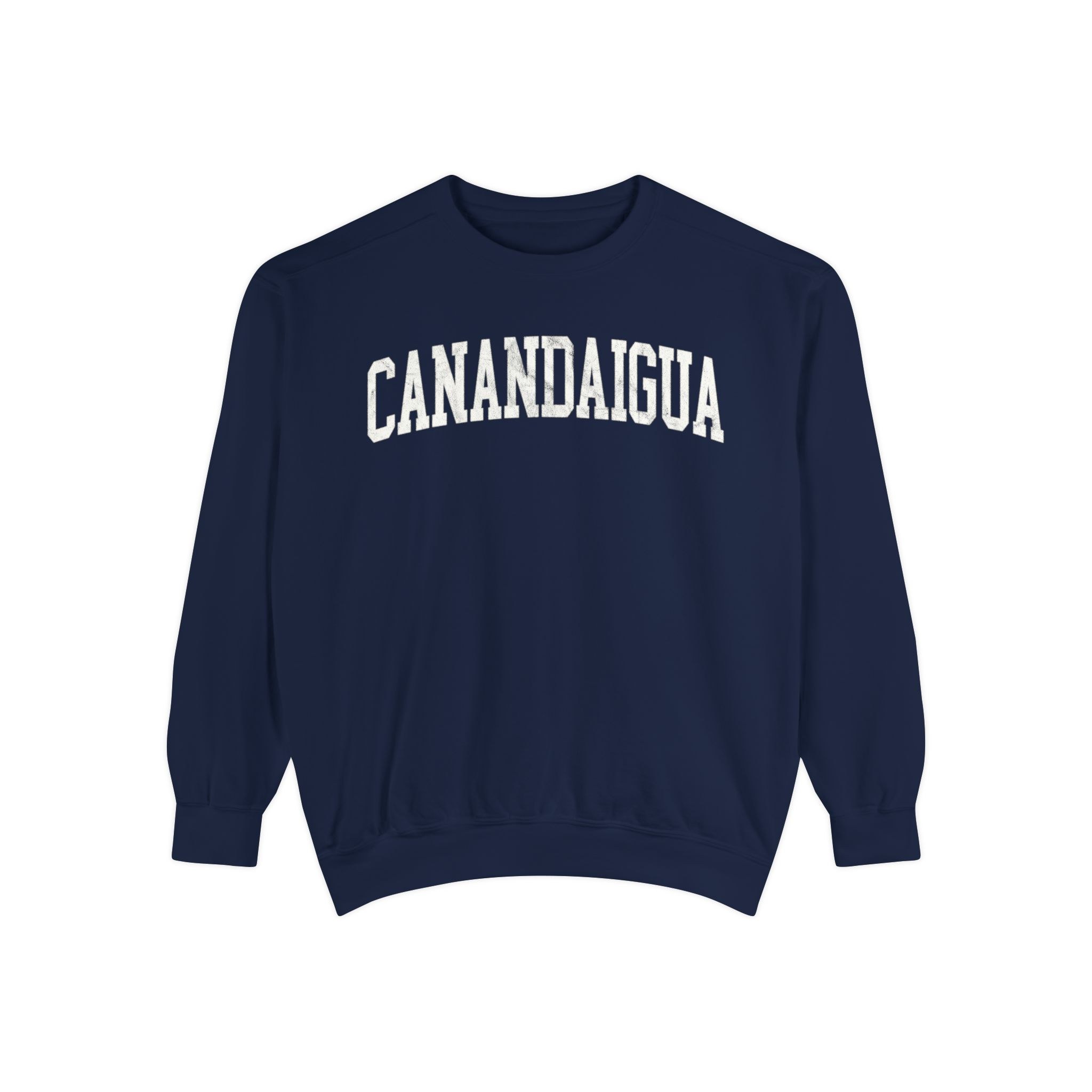 Canandaigua Garment-Dyed Crewneck in Boathouse Blue, front — CANANDAIGUA lettering