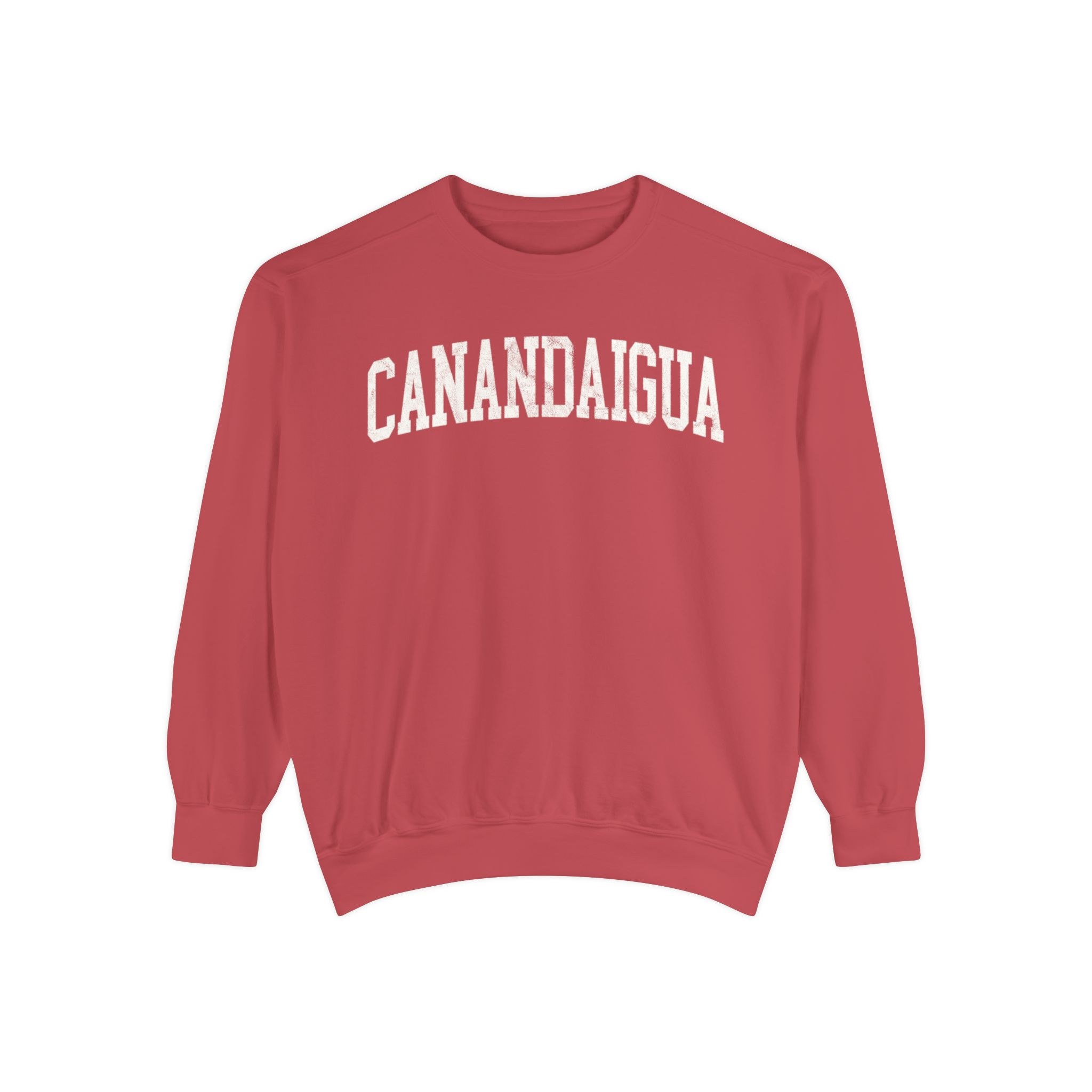 Canandaigua Garment-Dyed Crewneck in Collegiate Crimson, front — CANANDAIGUA lettering