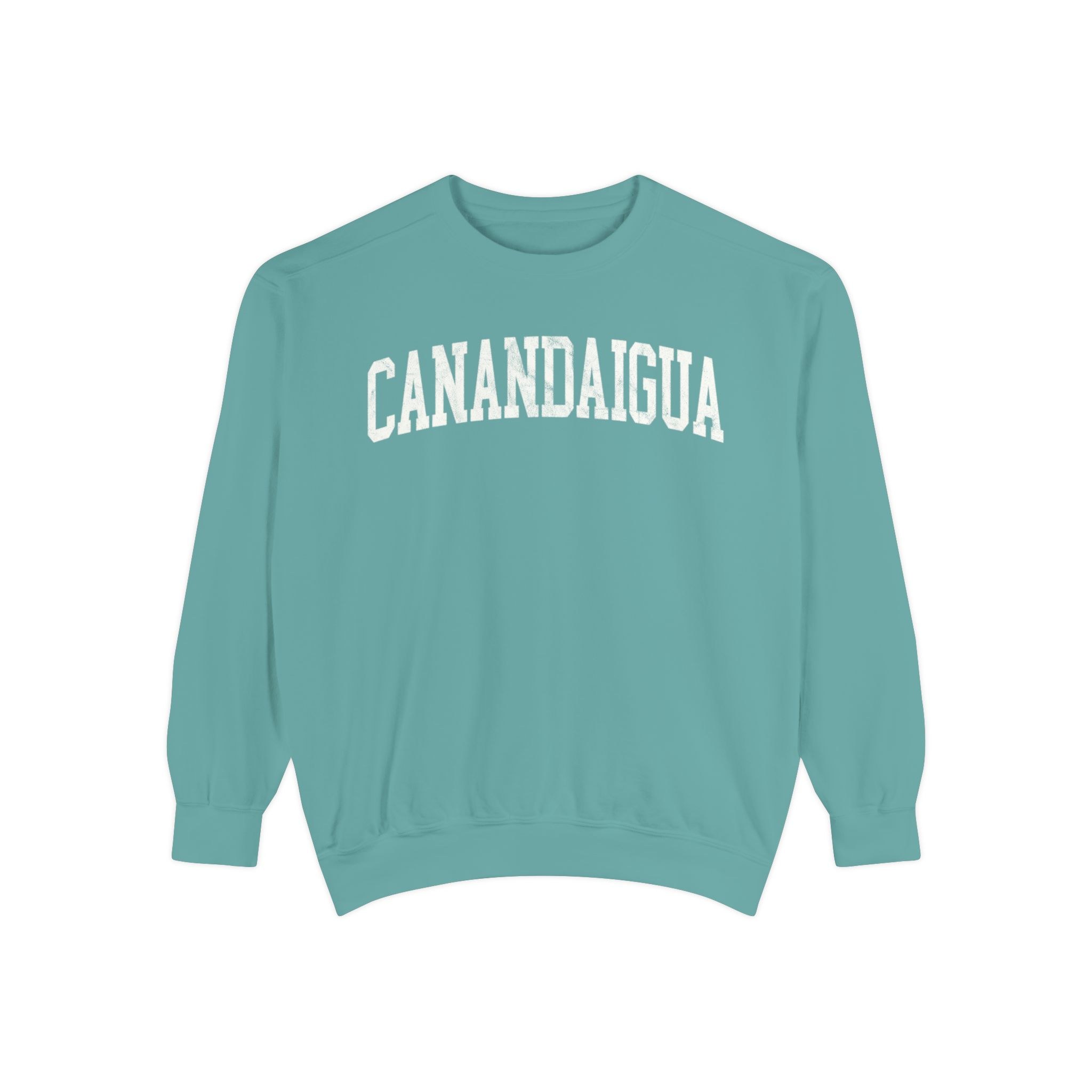 Canandaigua Garment-Dyed Crewneck in Erie Blue, front — CANANDAIGUA lettering