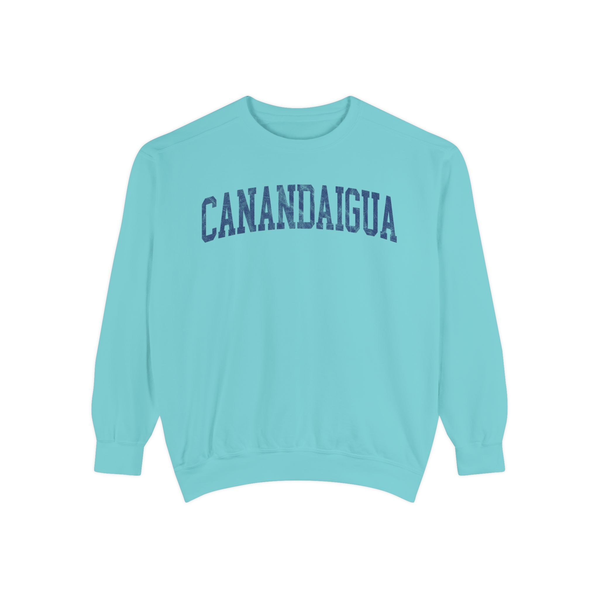 Canandaigua Garment-Dyed Crewneck in Light Ice, front — CANANDAIGUA lettering