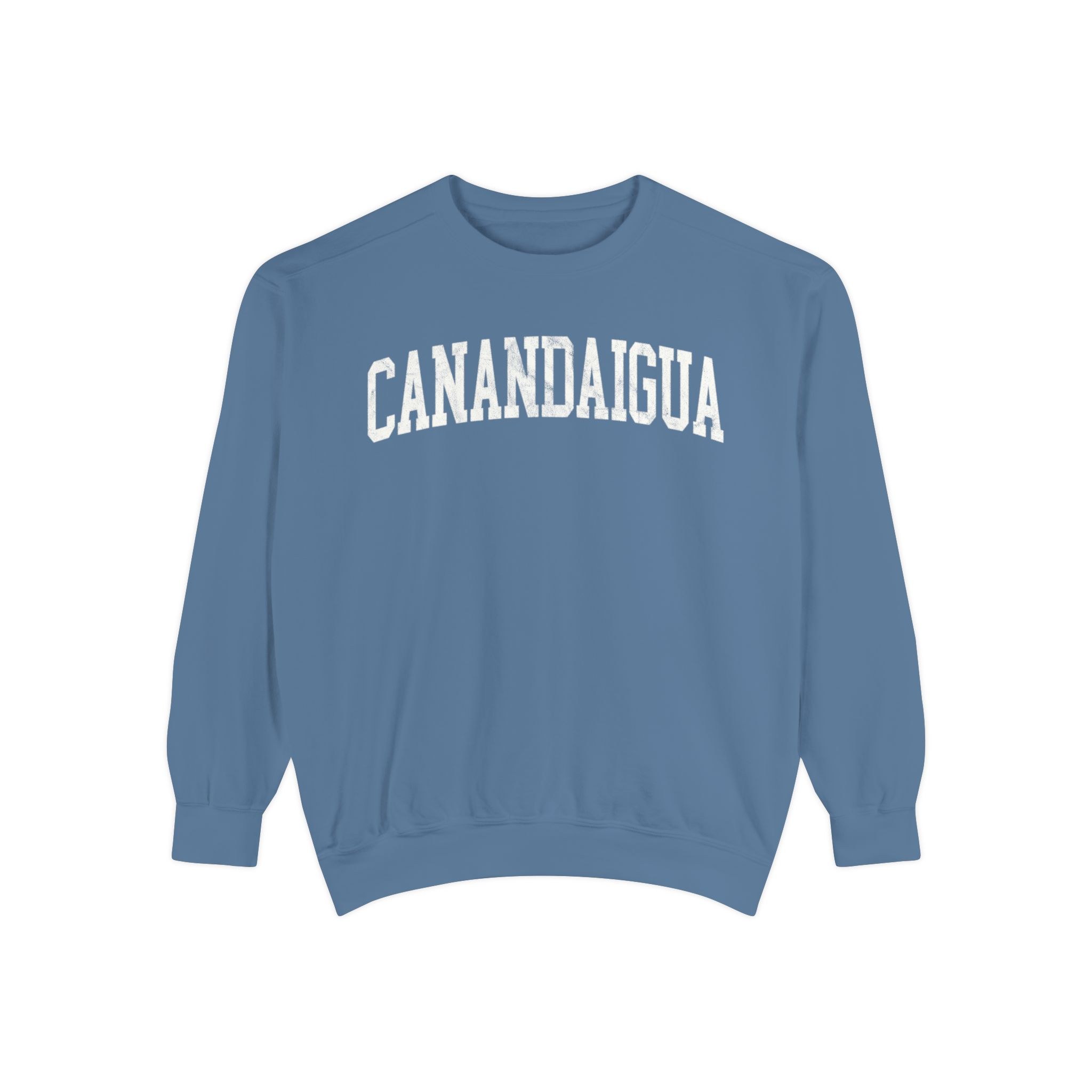 Canandaigua Garment-Dyed Crewneck in Samantha Blue, front — CANANDAIGUA lettering