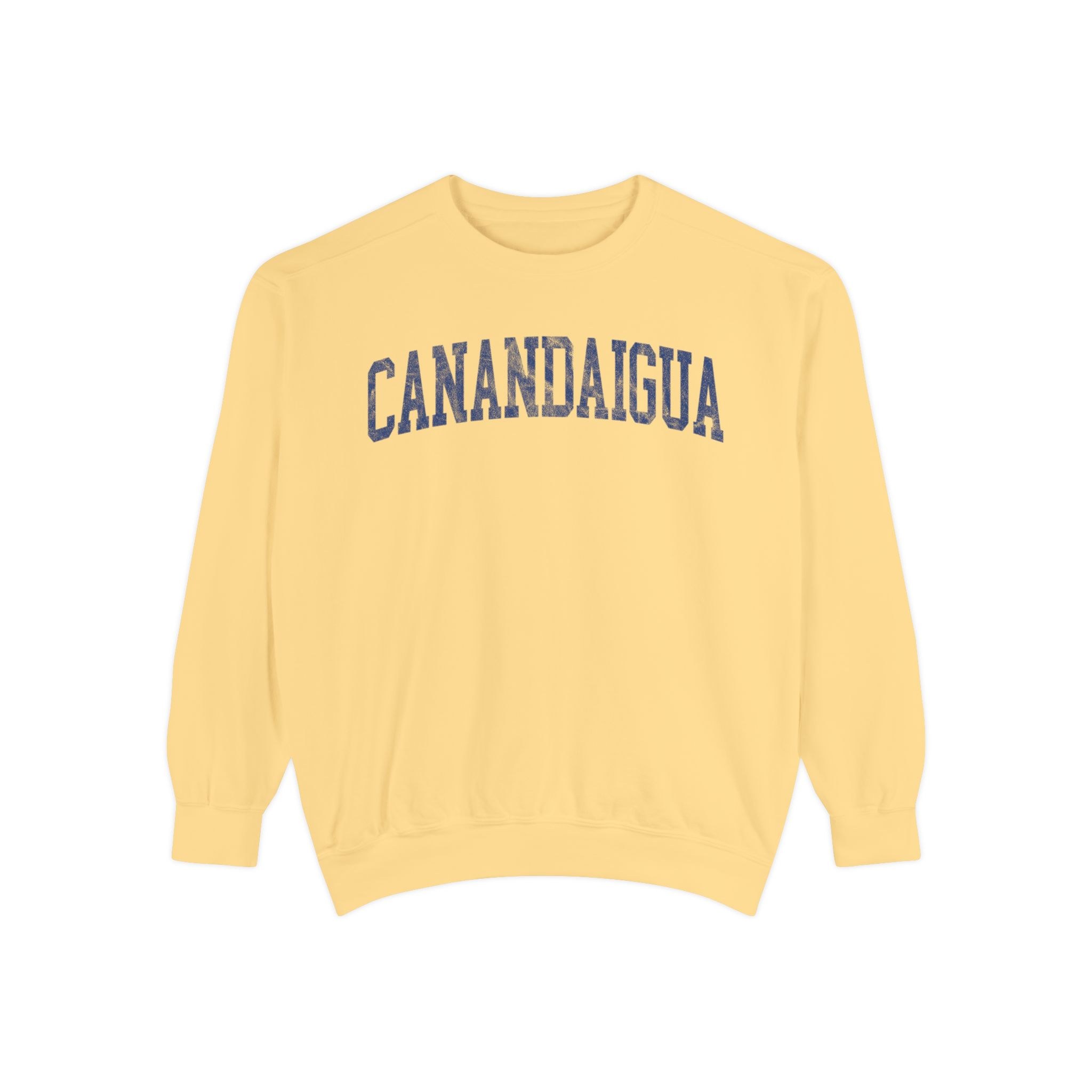 Canandaigua Garment-Dyed Crewneck in Unsalted, front — CANANDAIGUA lettering