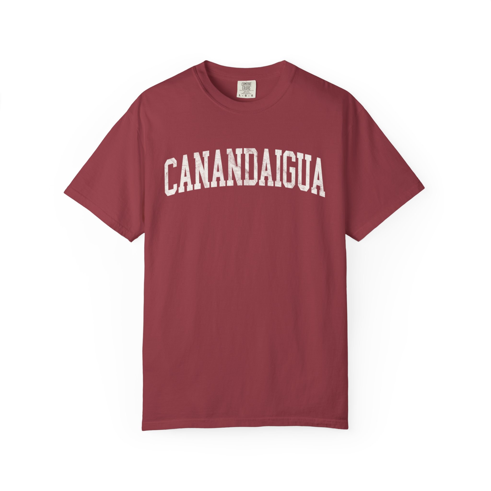 Canandaigua Garment-Dyed Tee in Hyped Up, front — CANANDAIGUA lettering
