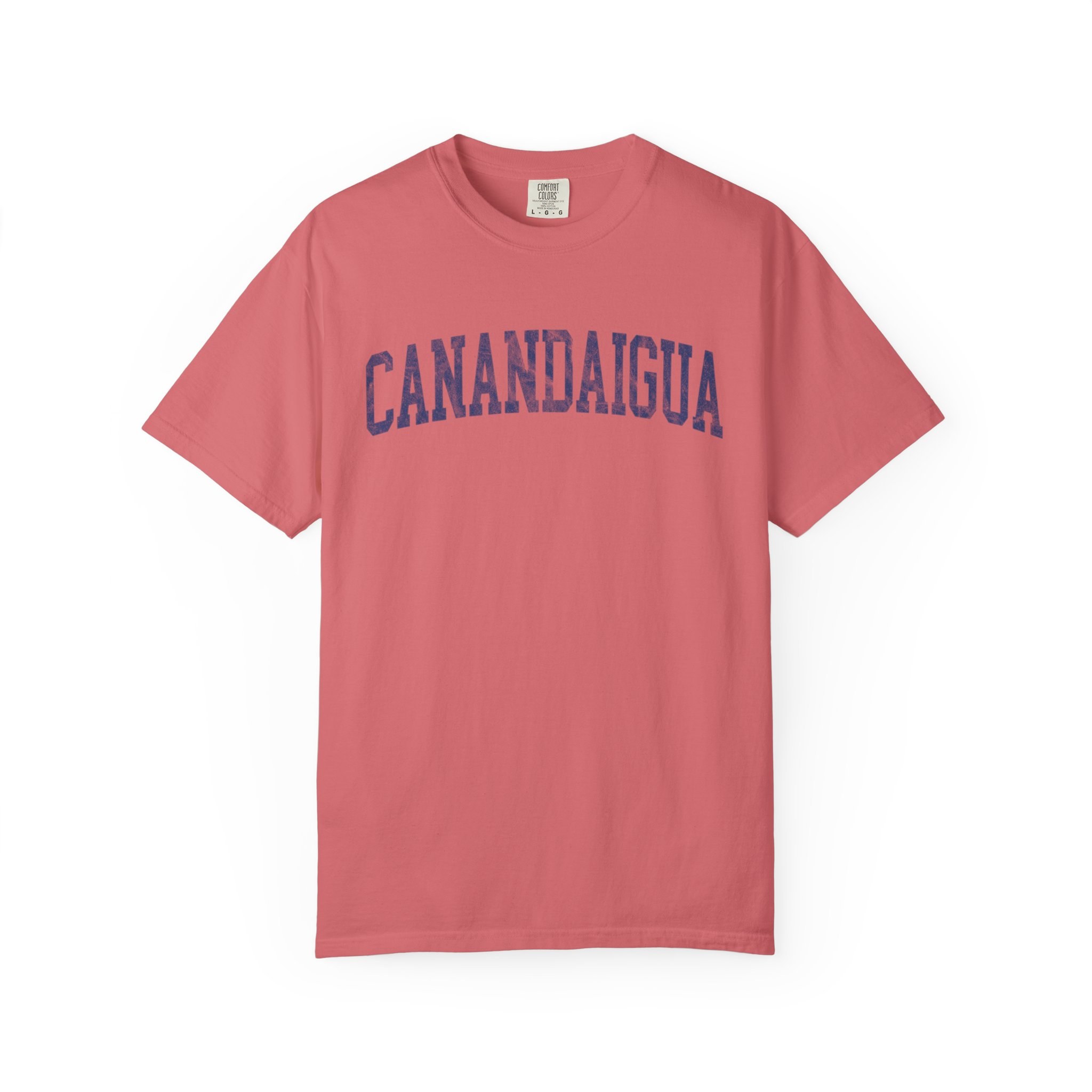 Canandaigua Garment-Dyed Tee in Strawberry Cloud, front — CANANDAIGUA lettering