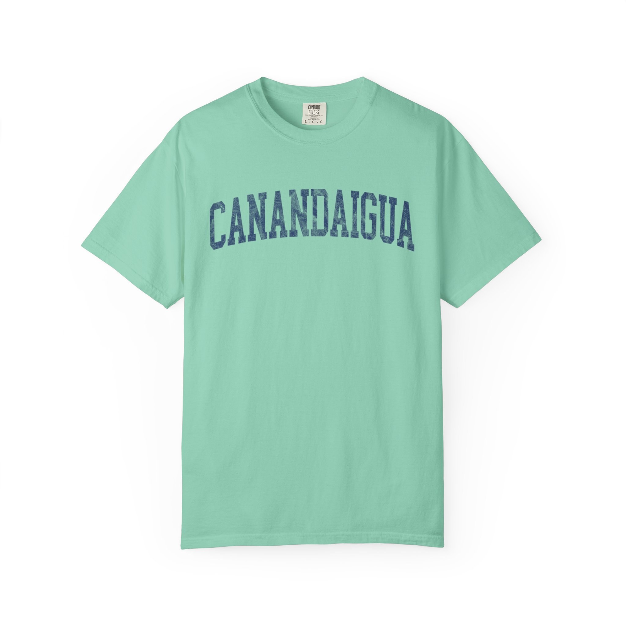 Canandaigua Garment-Dyed Tee in Teal Good Inc, front — CANANDAIGUA lettering