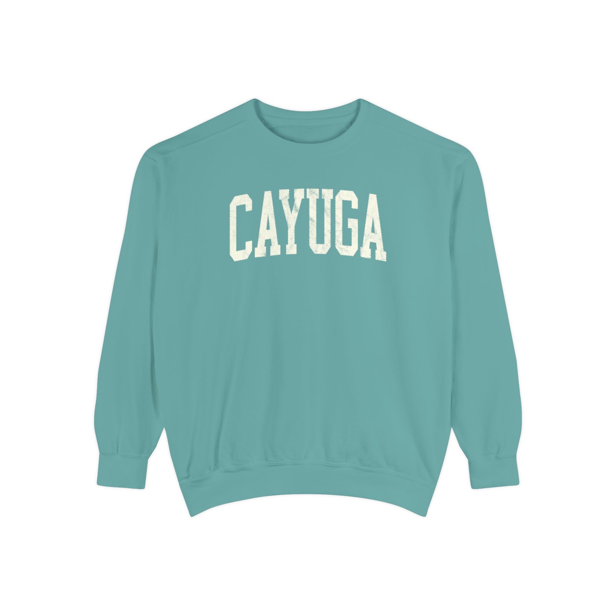 Cayuga Garment-Dyed Crewneck in Erie Blue, front — CAYUGA lettering