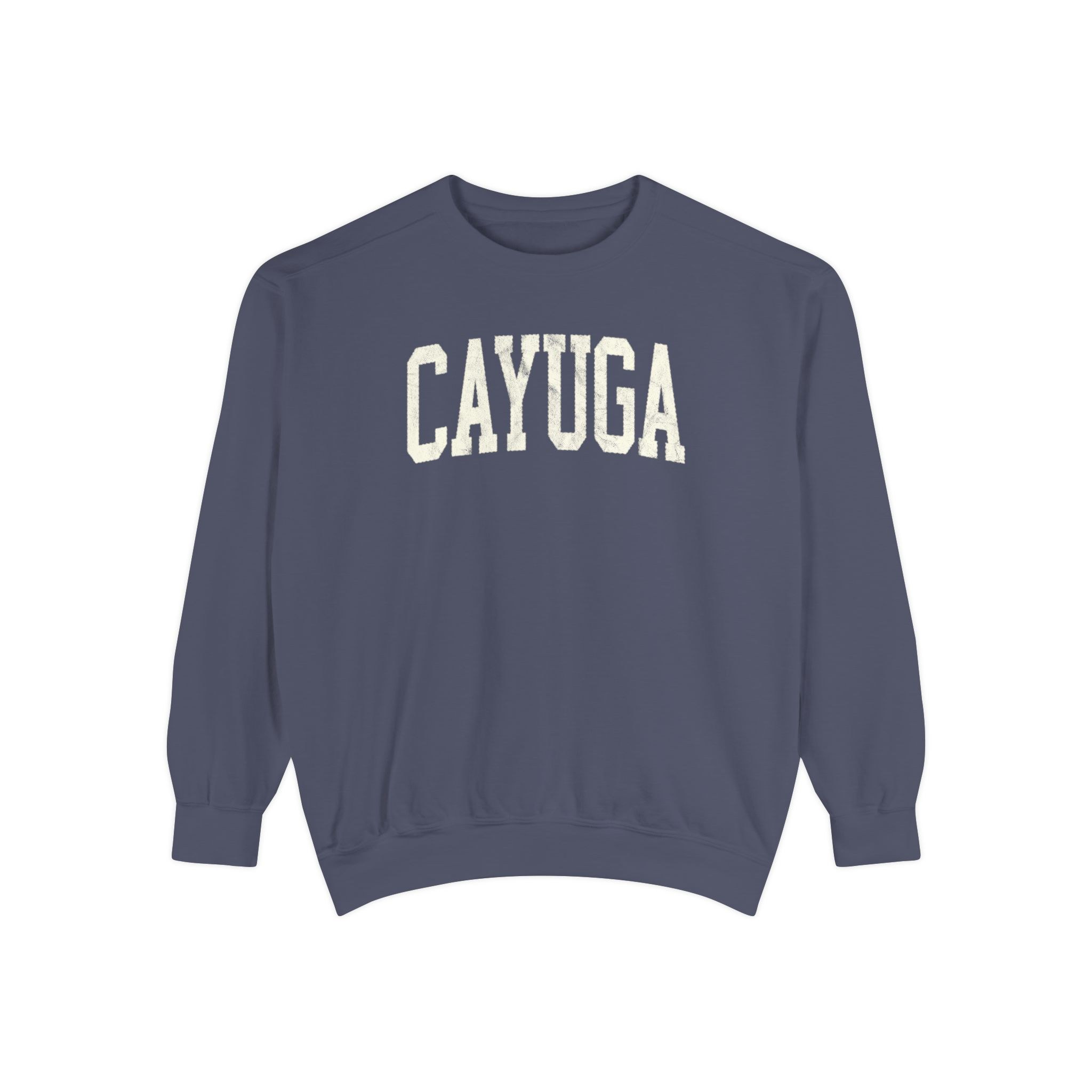Cayuga Garment-Dyed Crewneck in Predawn, front — CAYUGA lettering