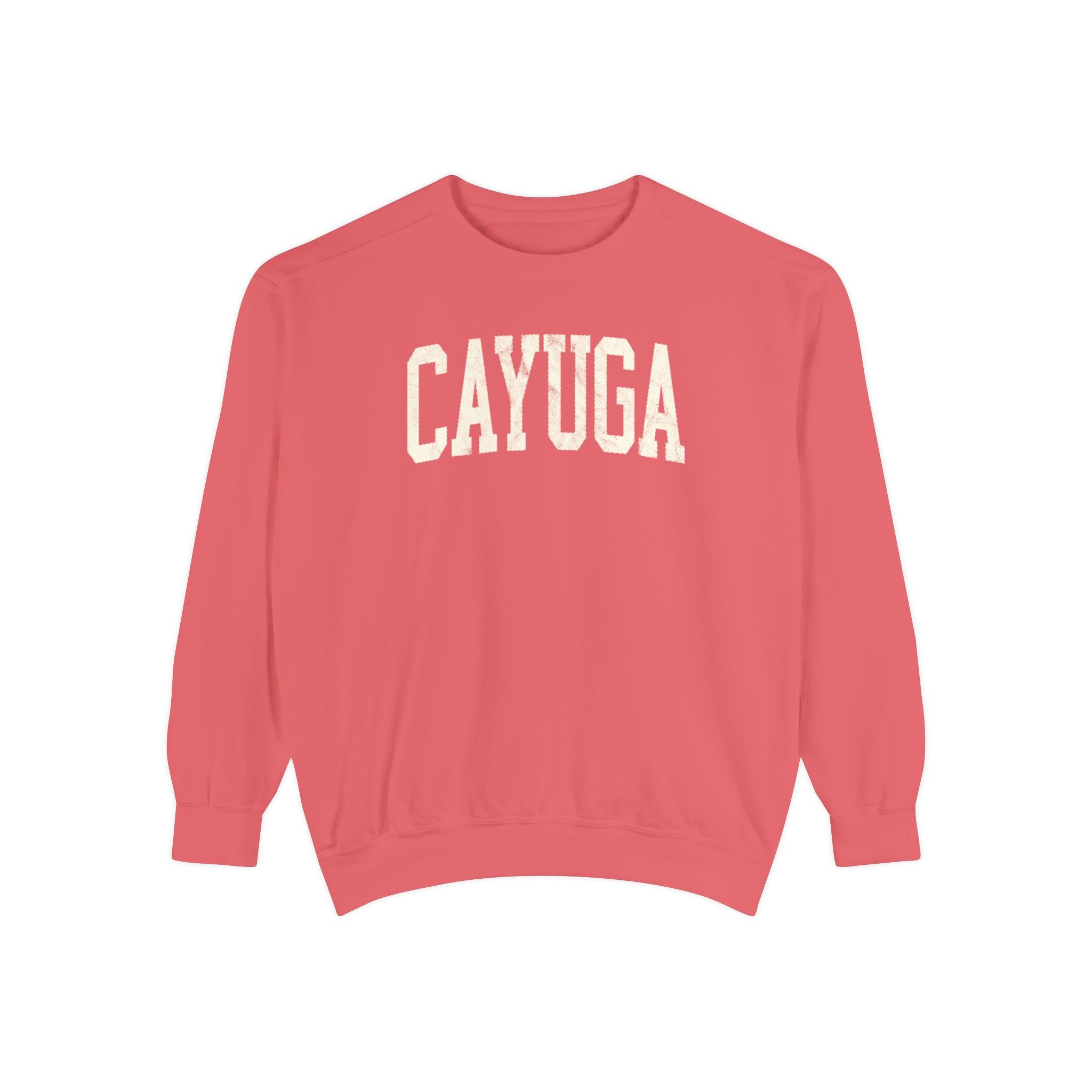 Cayuga Garment-Dyed Crewneck in Strawberry Cloud, front — CAYUGA lettering