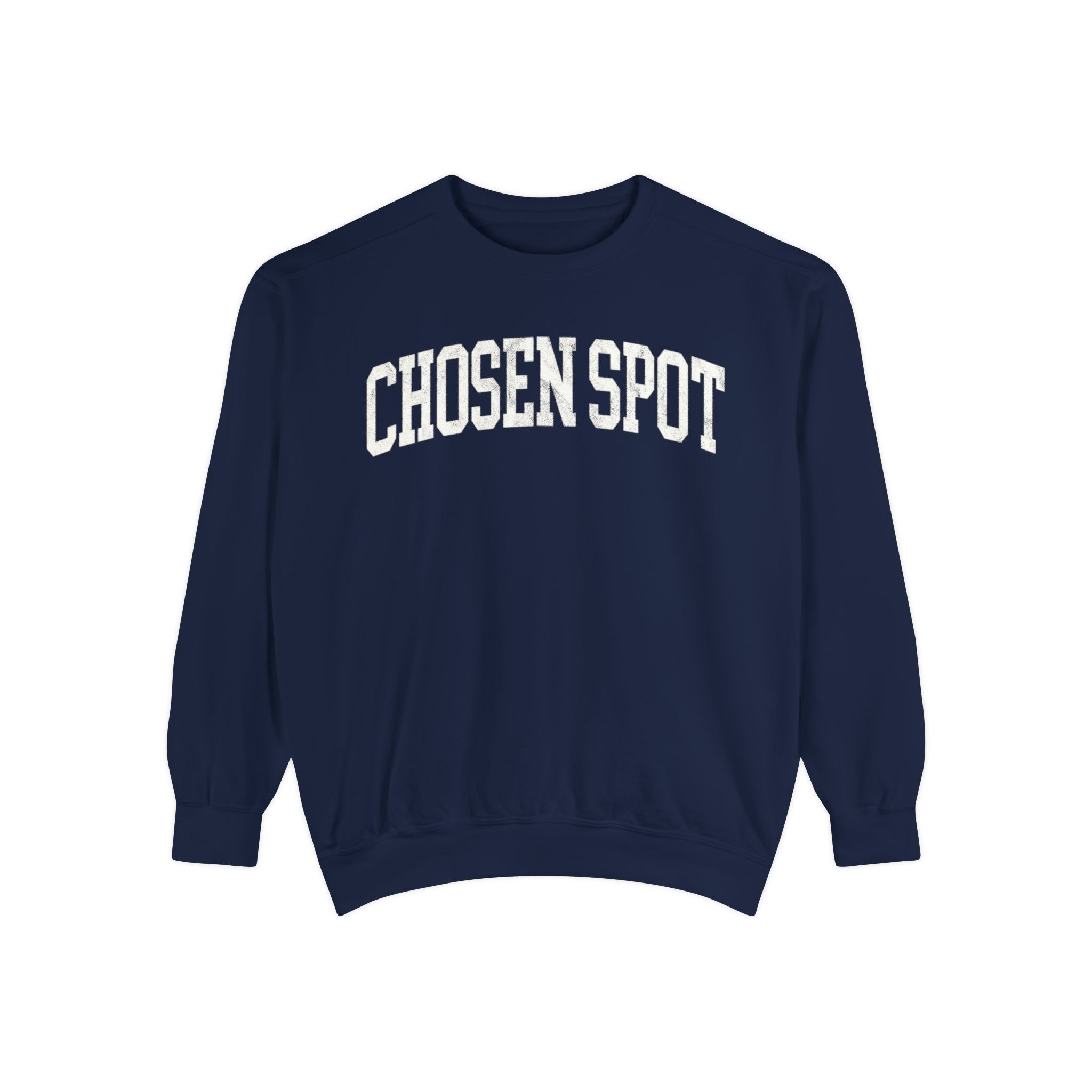 Chosen Spot Garment-Dyed Crewneck in Boathouse Blue, front — CHOSEN SPOT lettering