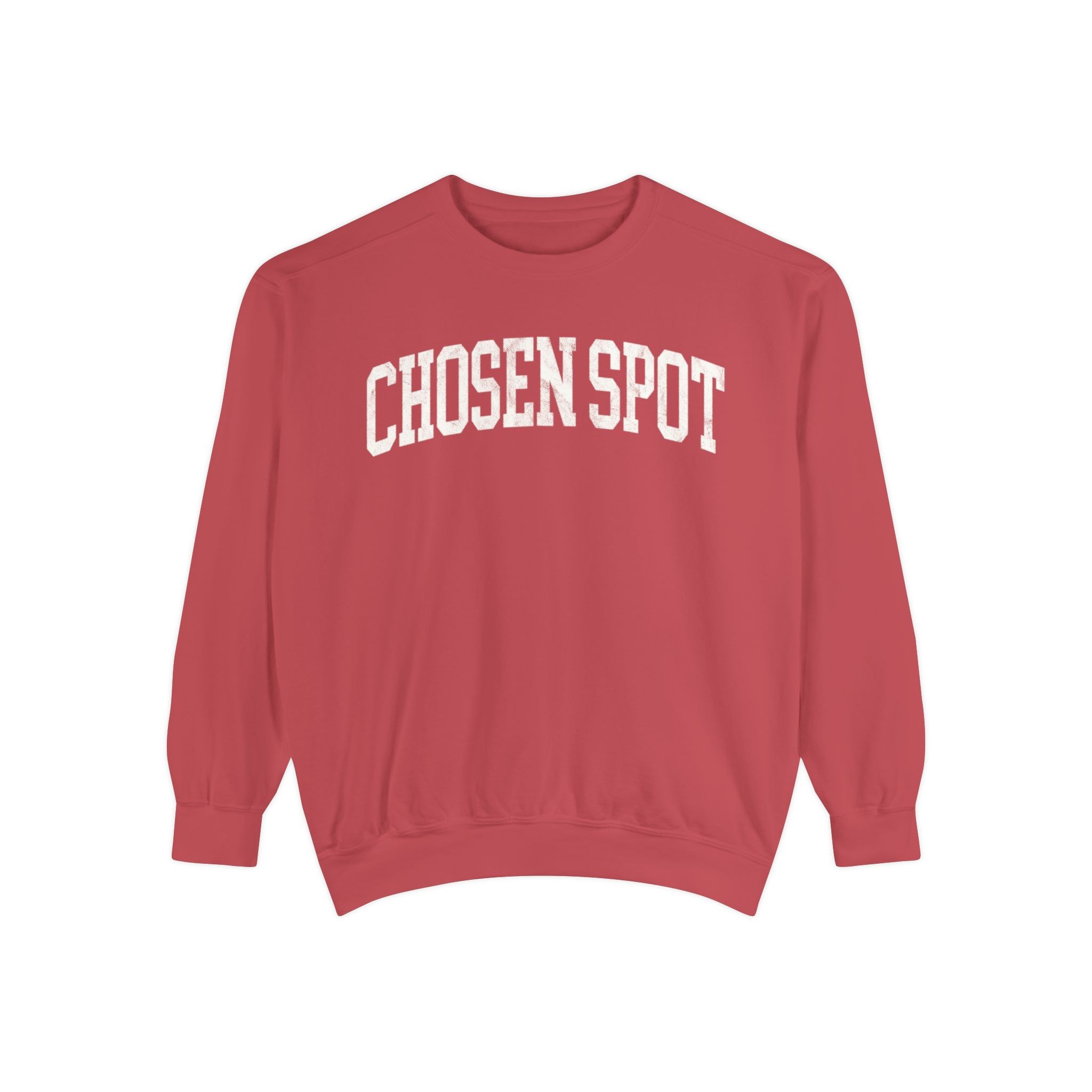 Chosen Spot Garment-Dyed Crewneck in Collegiate Crimson, front — CHOSEN SPOT lettering