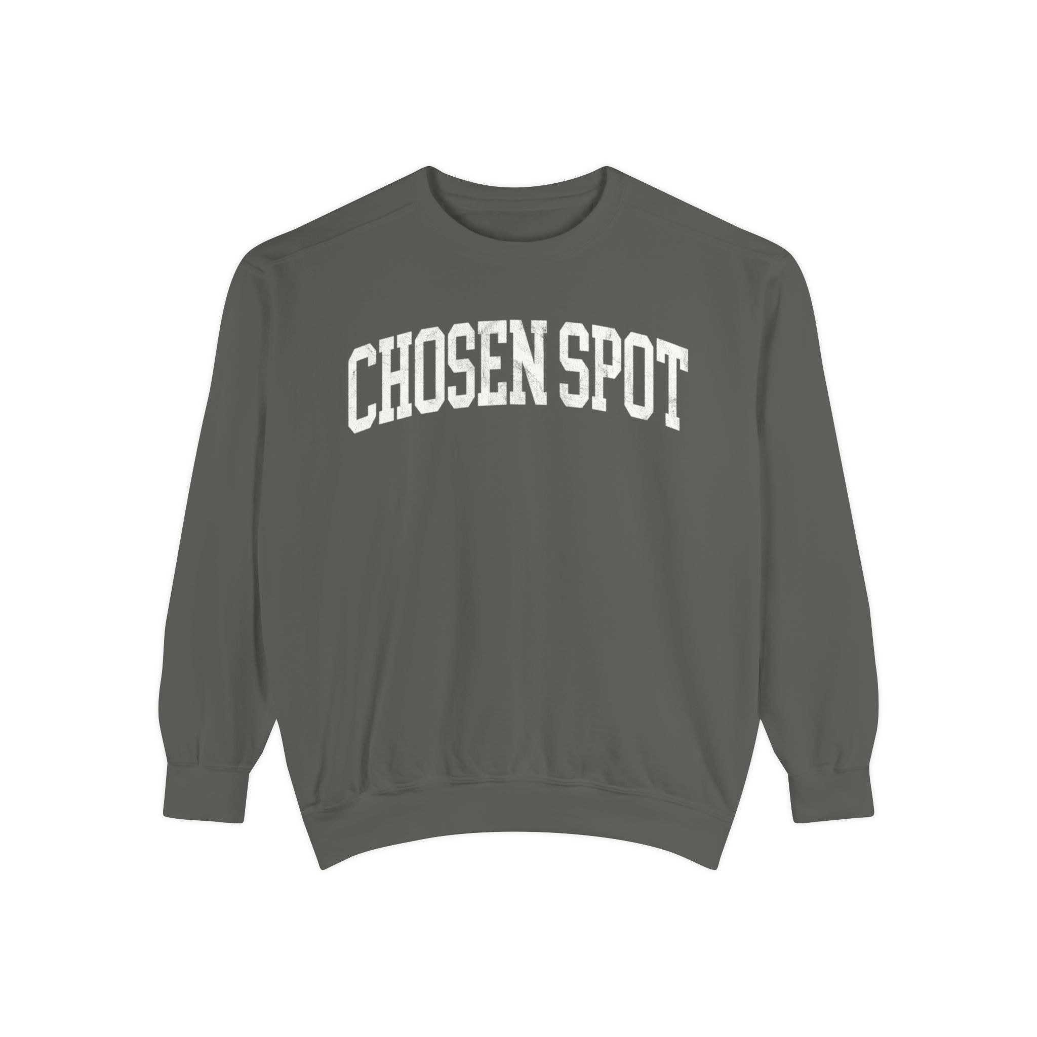 Chosen Spot Garment-Dyed Crewneck in Concrete, front — CHOSEN SPOT lettering