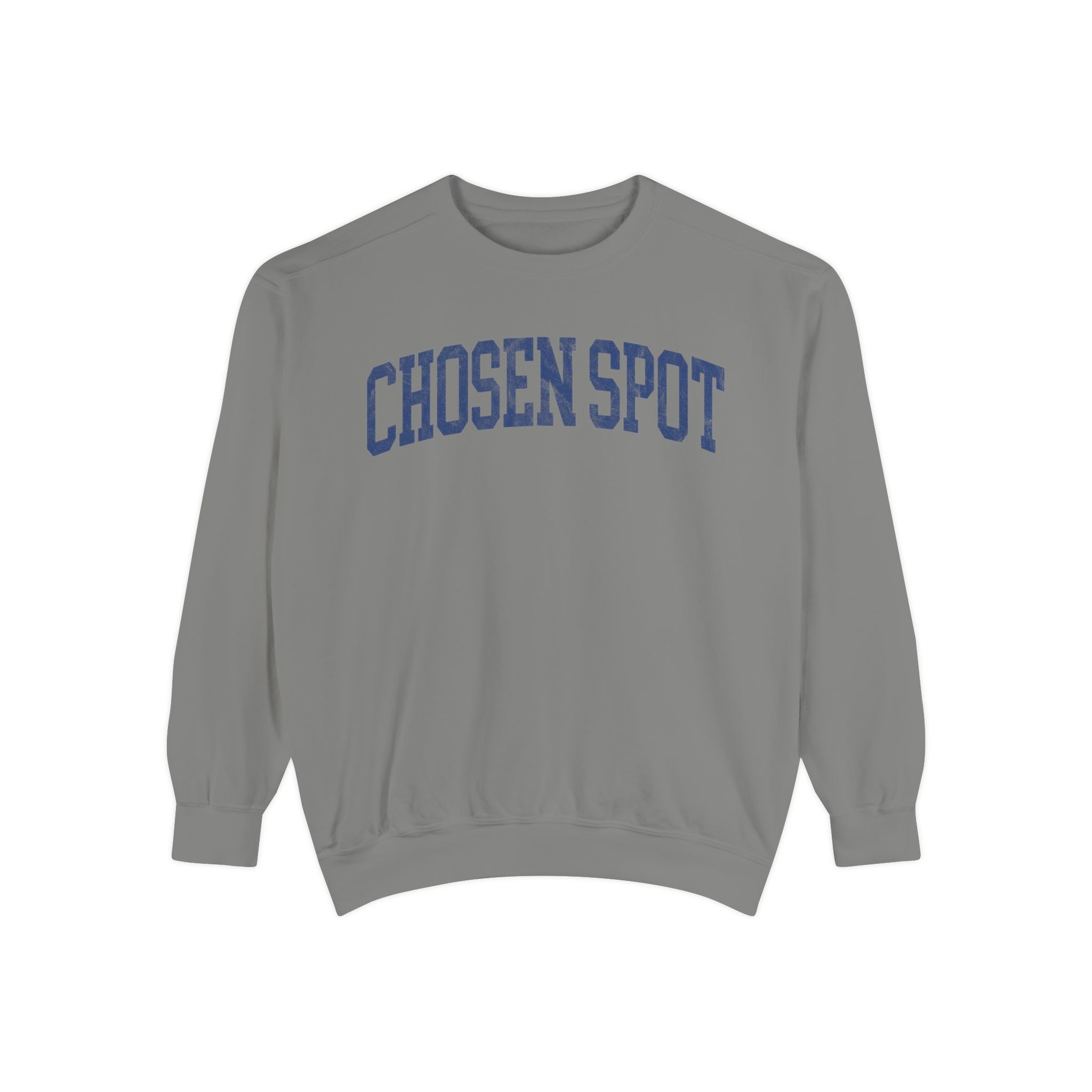 Chosen Spot Garment-Dyed Crewneck in Dusting, front — CHOSEN SPOT lettering