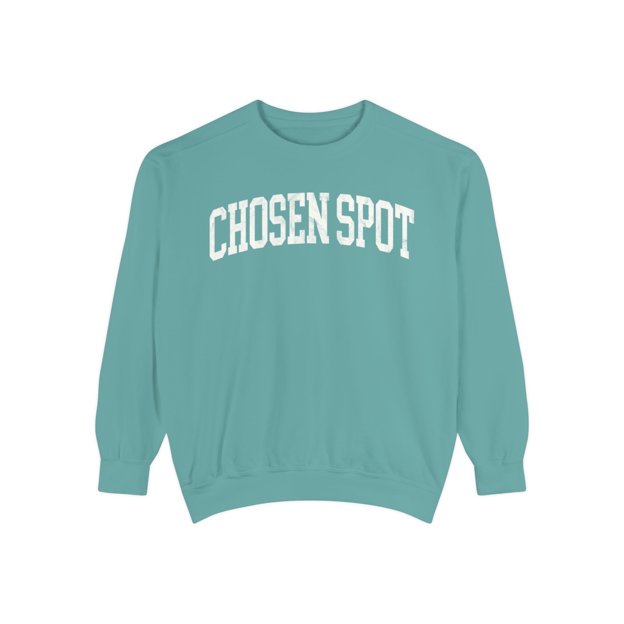 Chosen Spot Garment-Dyed Crewneck in Erie Blue, front — CHOSEN SPOT lettering