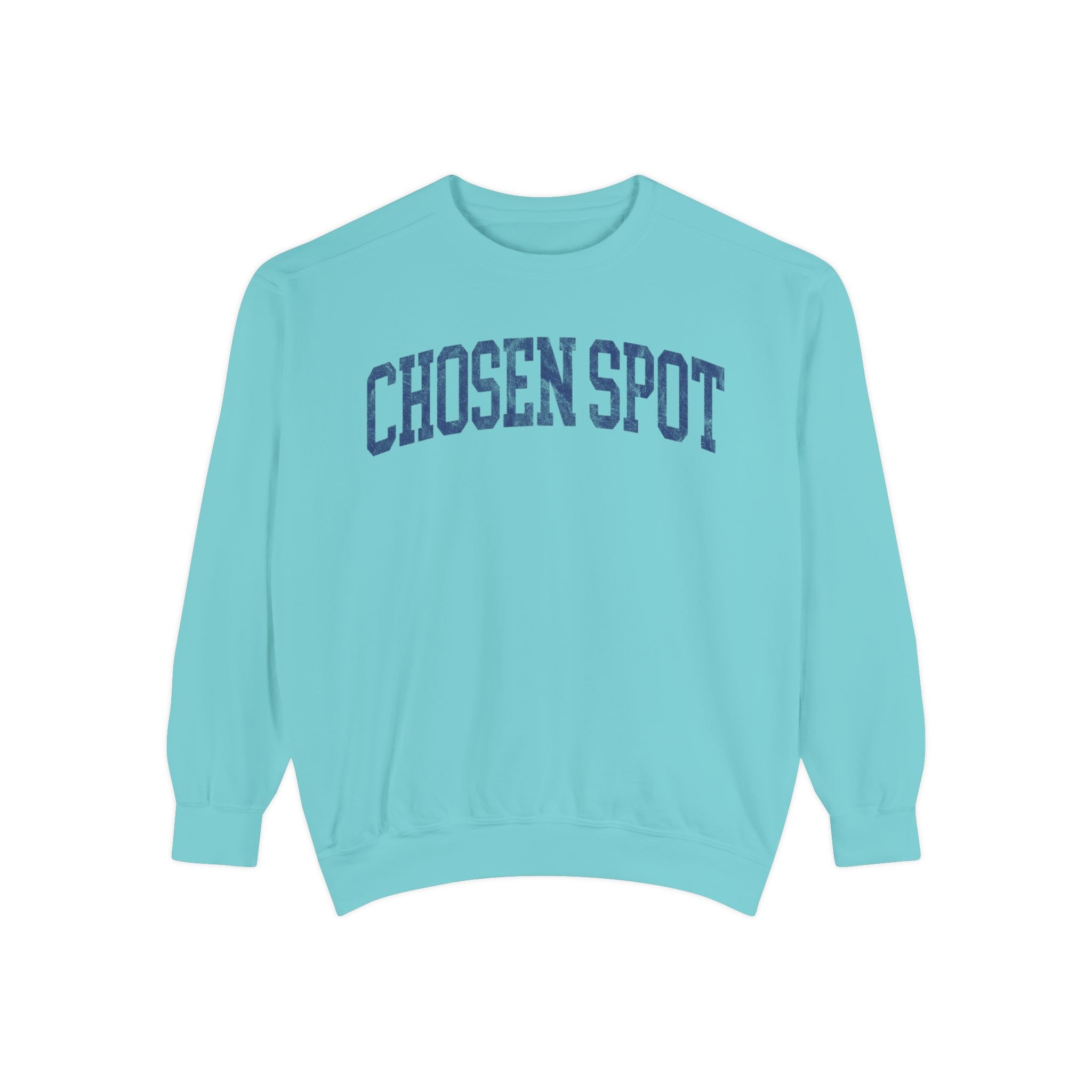 Chosen Spot Garment-Dyed Crewneck in Light Ice, front — CHOSEN SPOT lettering