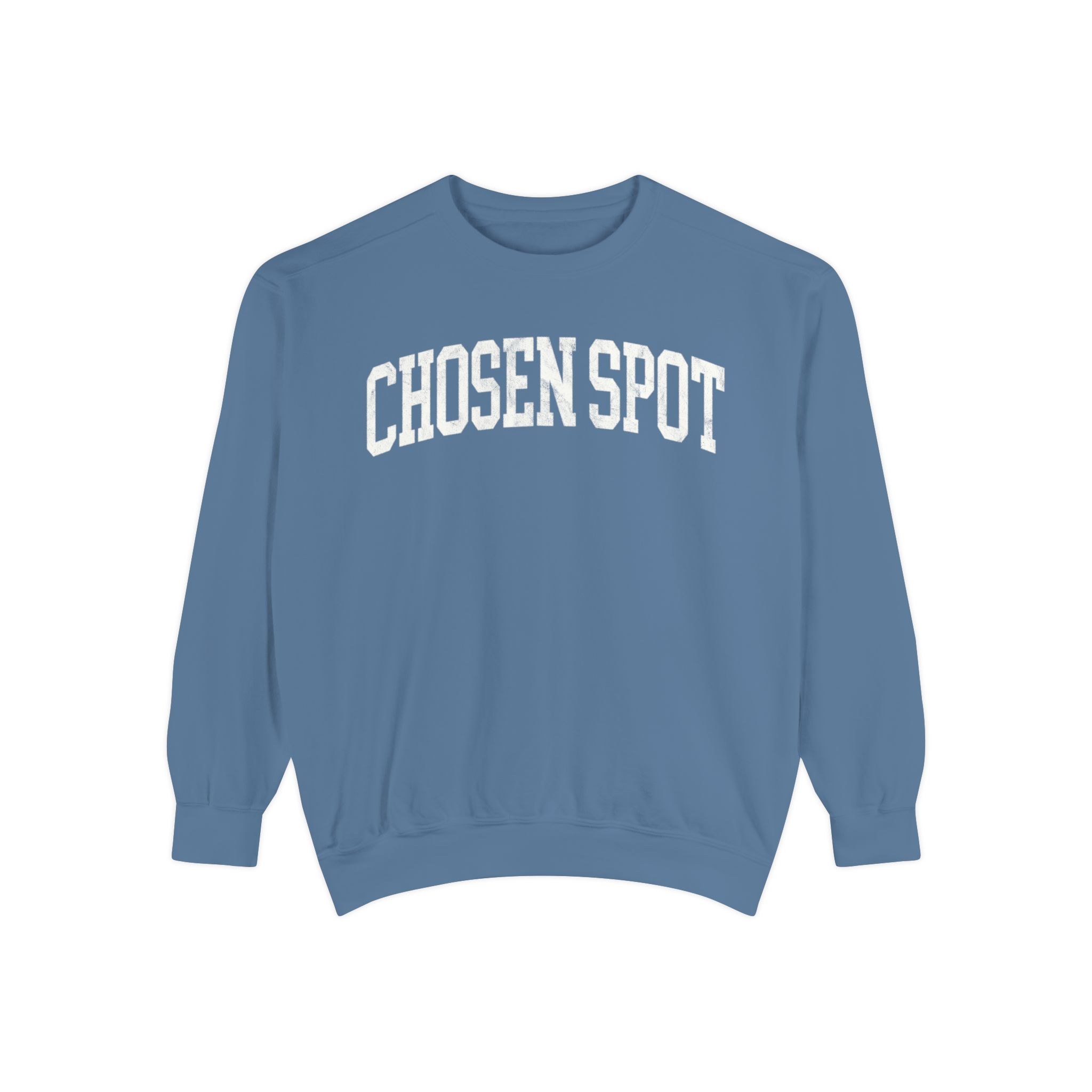 Chosen Spot Garment-Dyed Crewneck in Samantha Blue, front — CHOSEN SPOT lettering