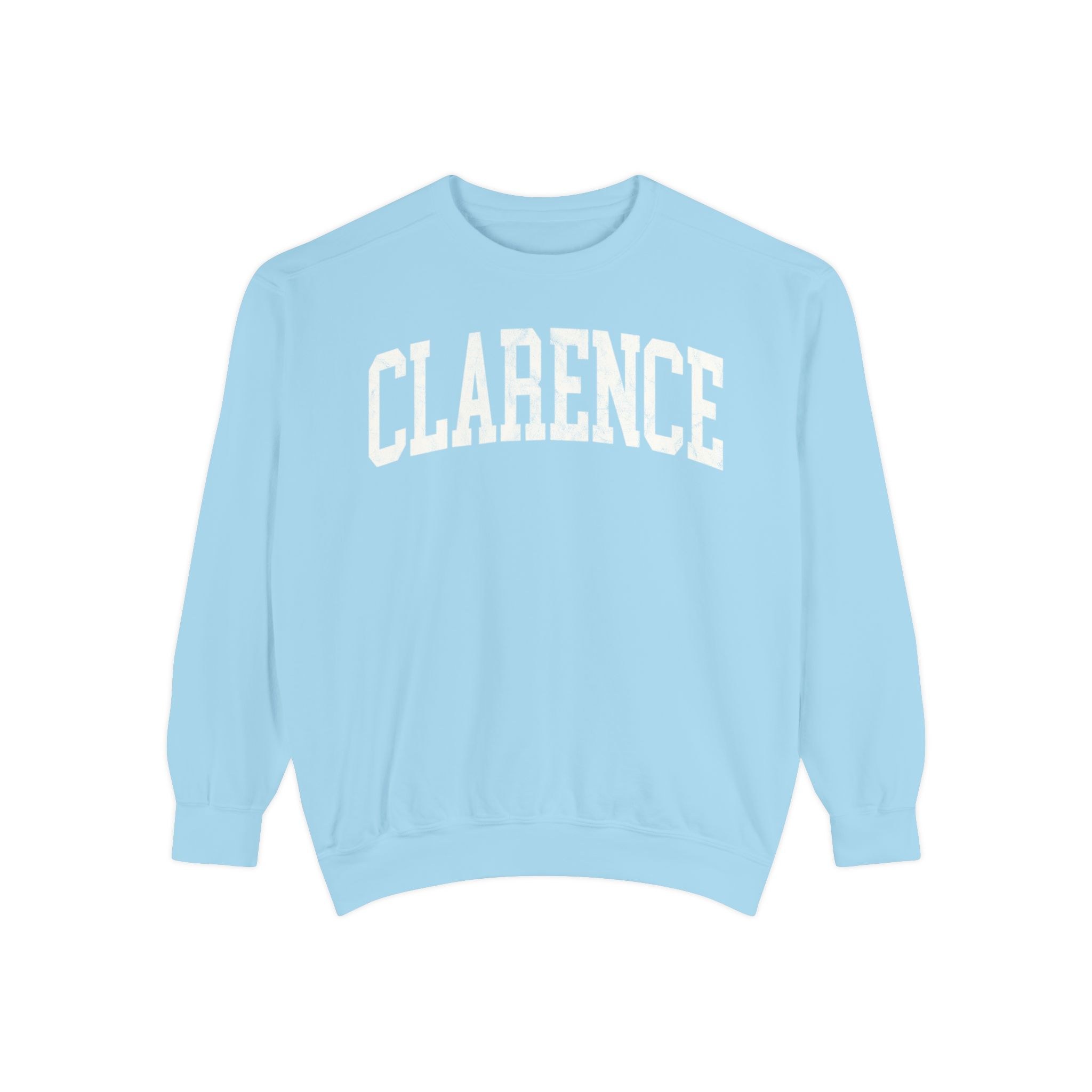Clarence Garment-Dyed Crewneck in Blueberry Milk, front — CLARENCE lettering
