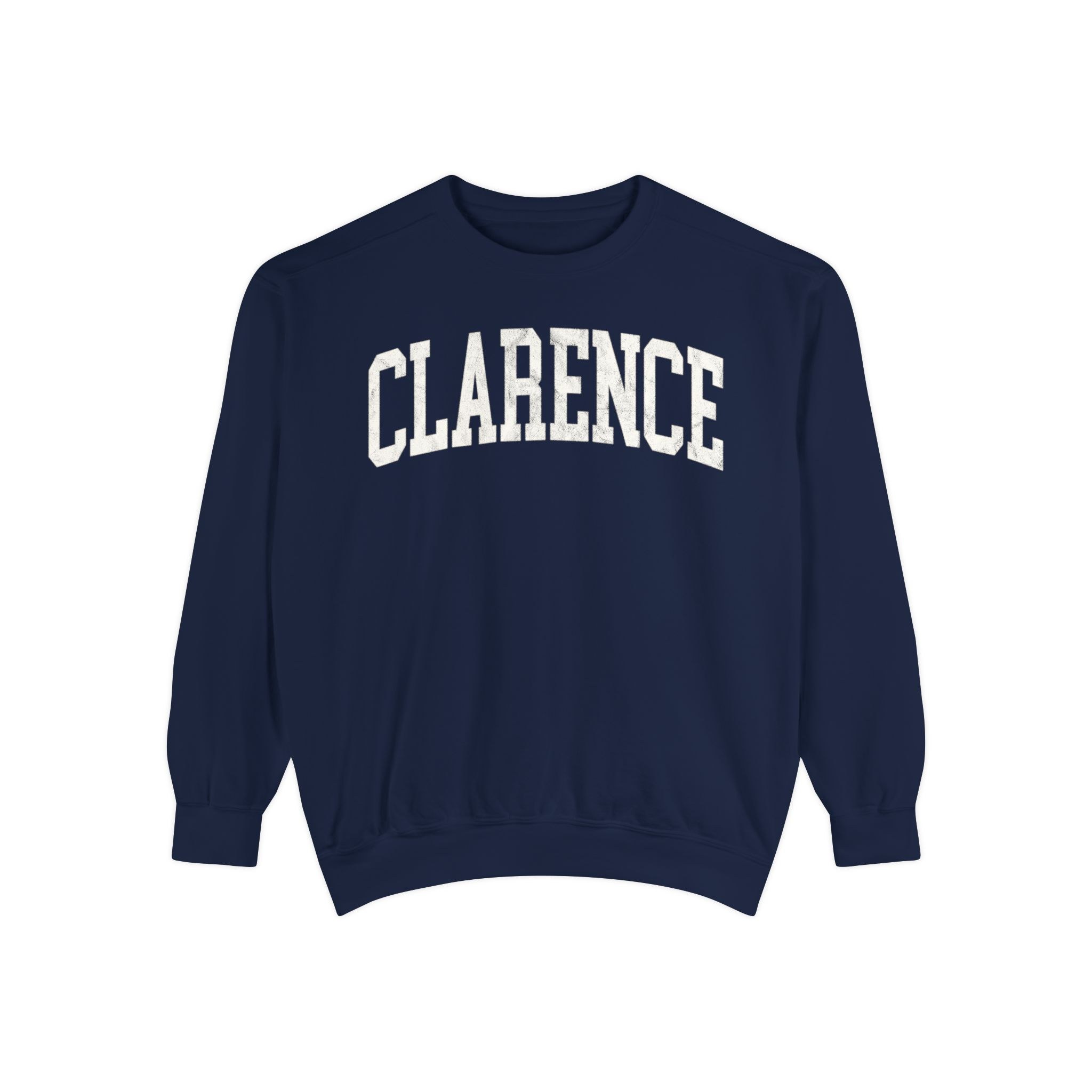 Clarence Garment-Dyed Crewneck in Boathouse Blue, front — CLARENCE lettering