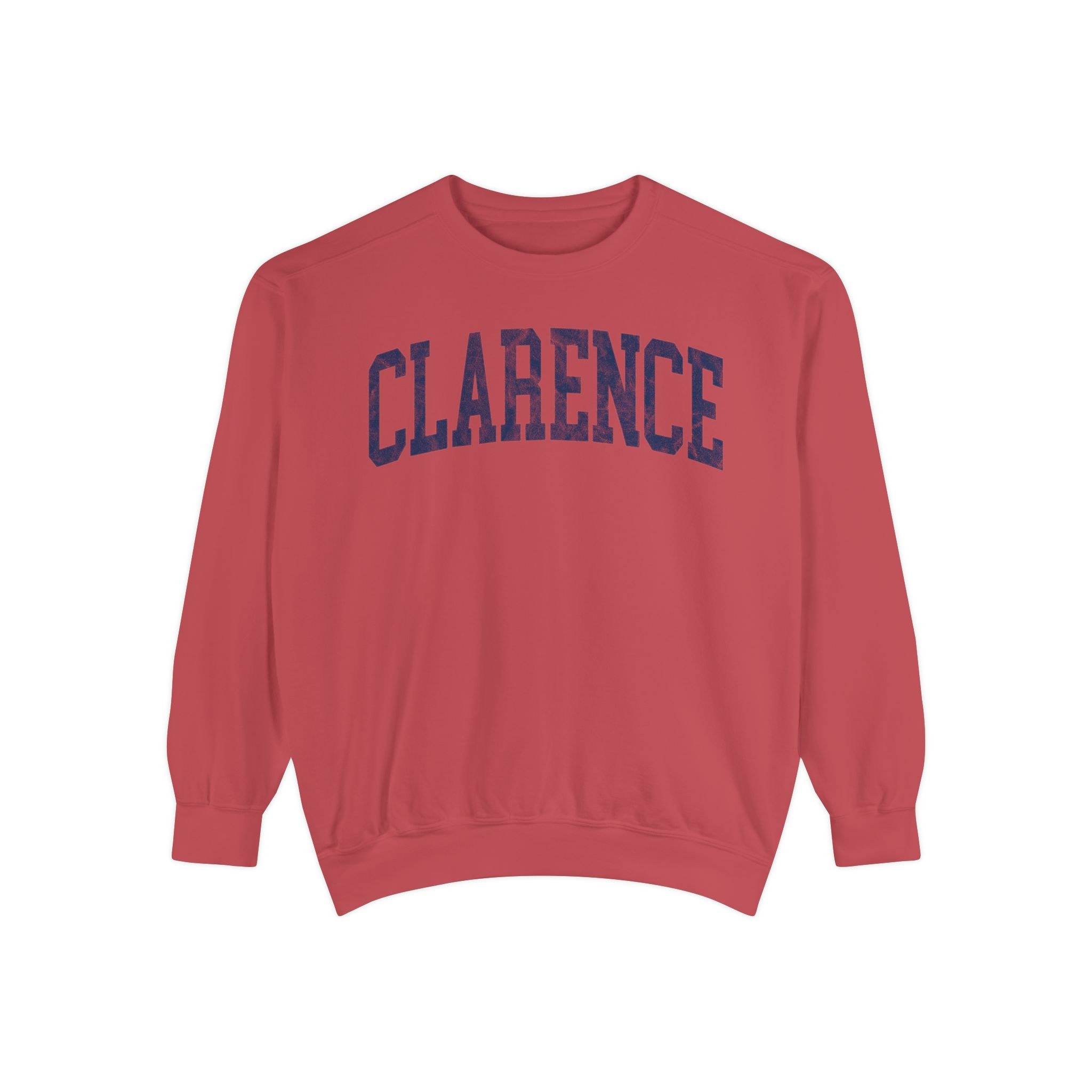 Clarence Garment-Dyed Crewneck in Collegiate Crimson, front — CLARENCE lettering