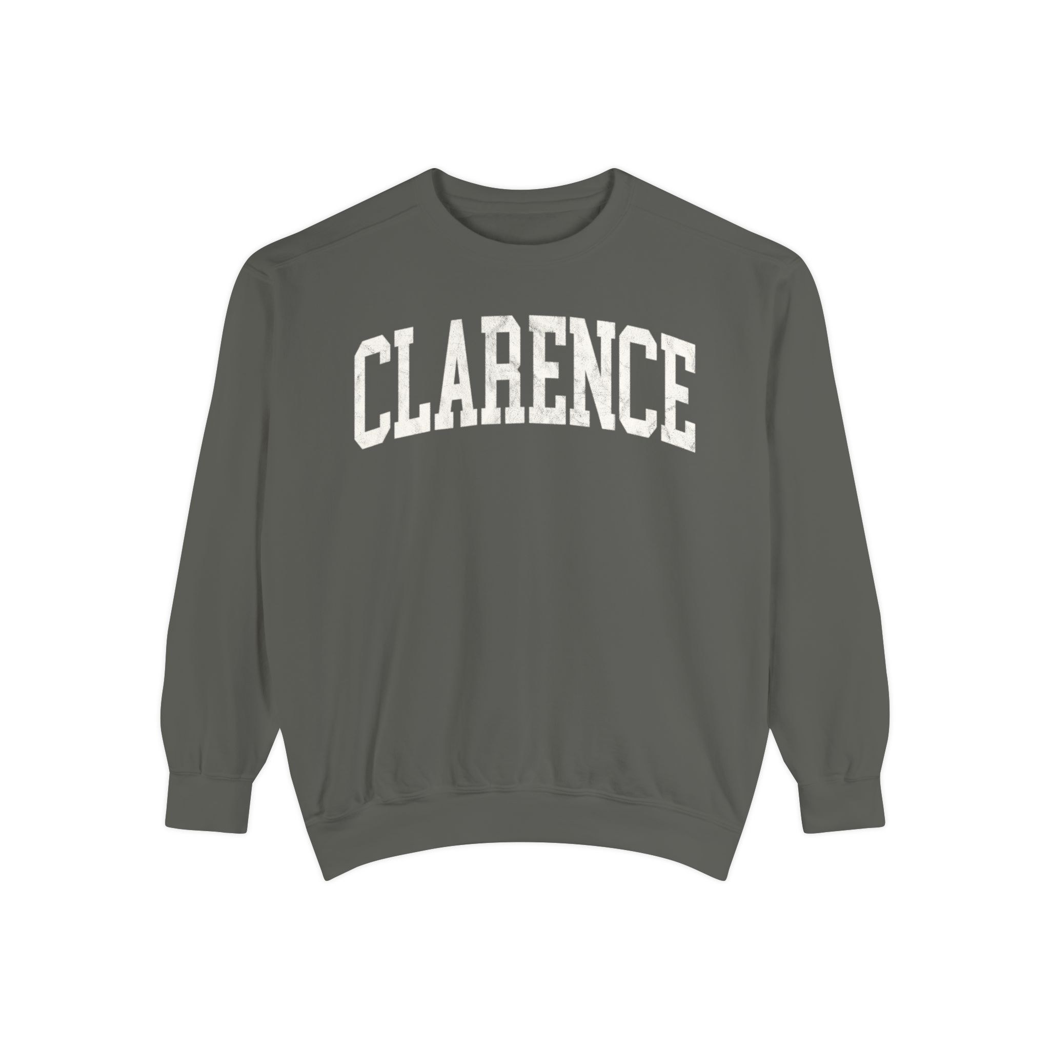 Clarence Garment-Dyed Crewneck in Concrete, front — CLARENCE lettering