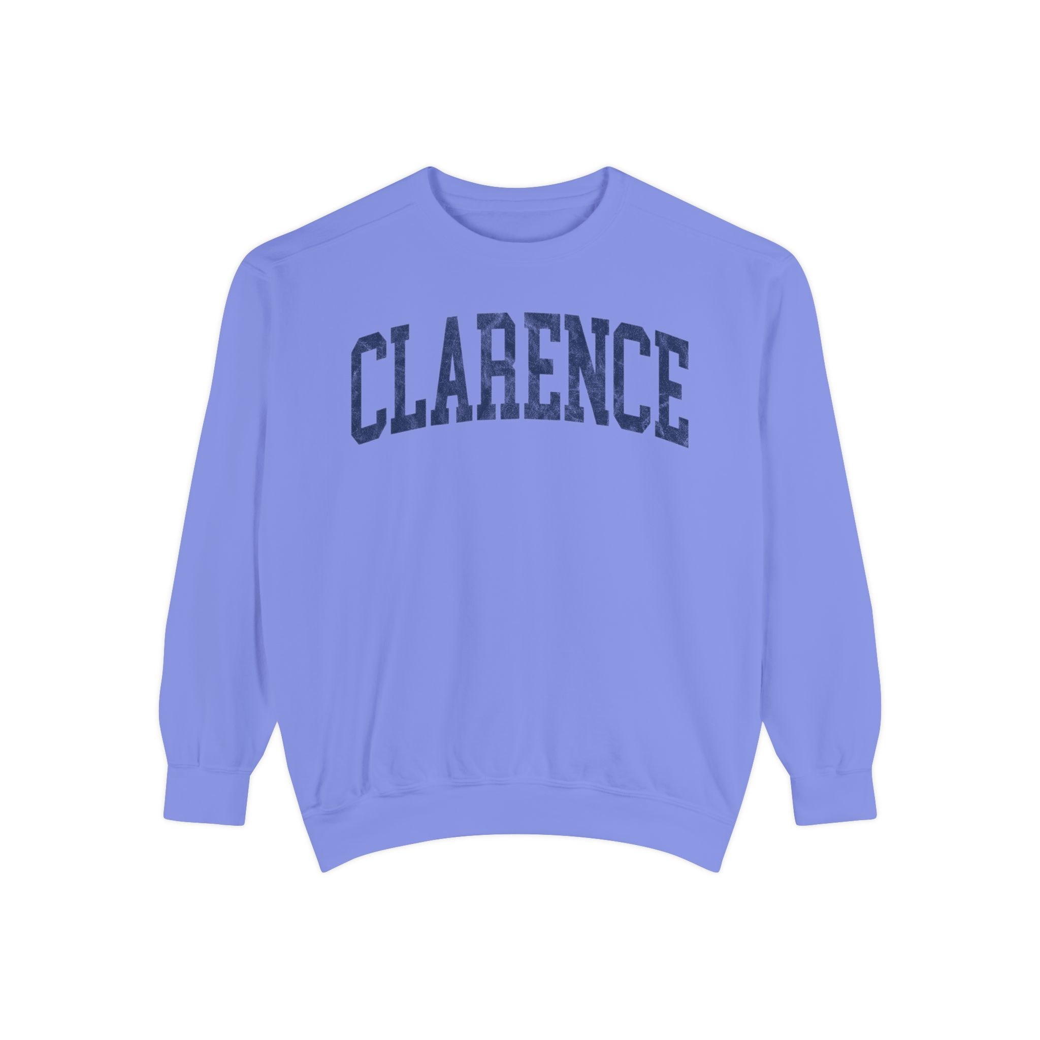 Clarence Garment-Dyed Crewneck in Conesus Blue, front — CLARENCE lettering